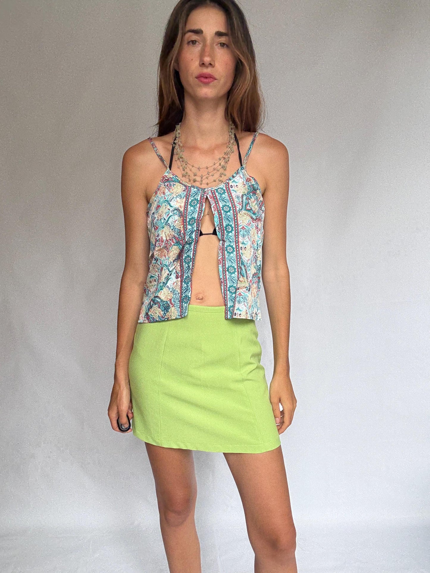 Boho silk camisole top – tropical floral embroidery, open front cut, Coachella-style festival look, 70% silk, fits size S/M, Y2K vibe