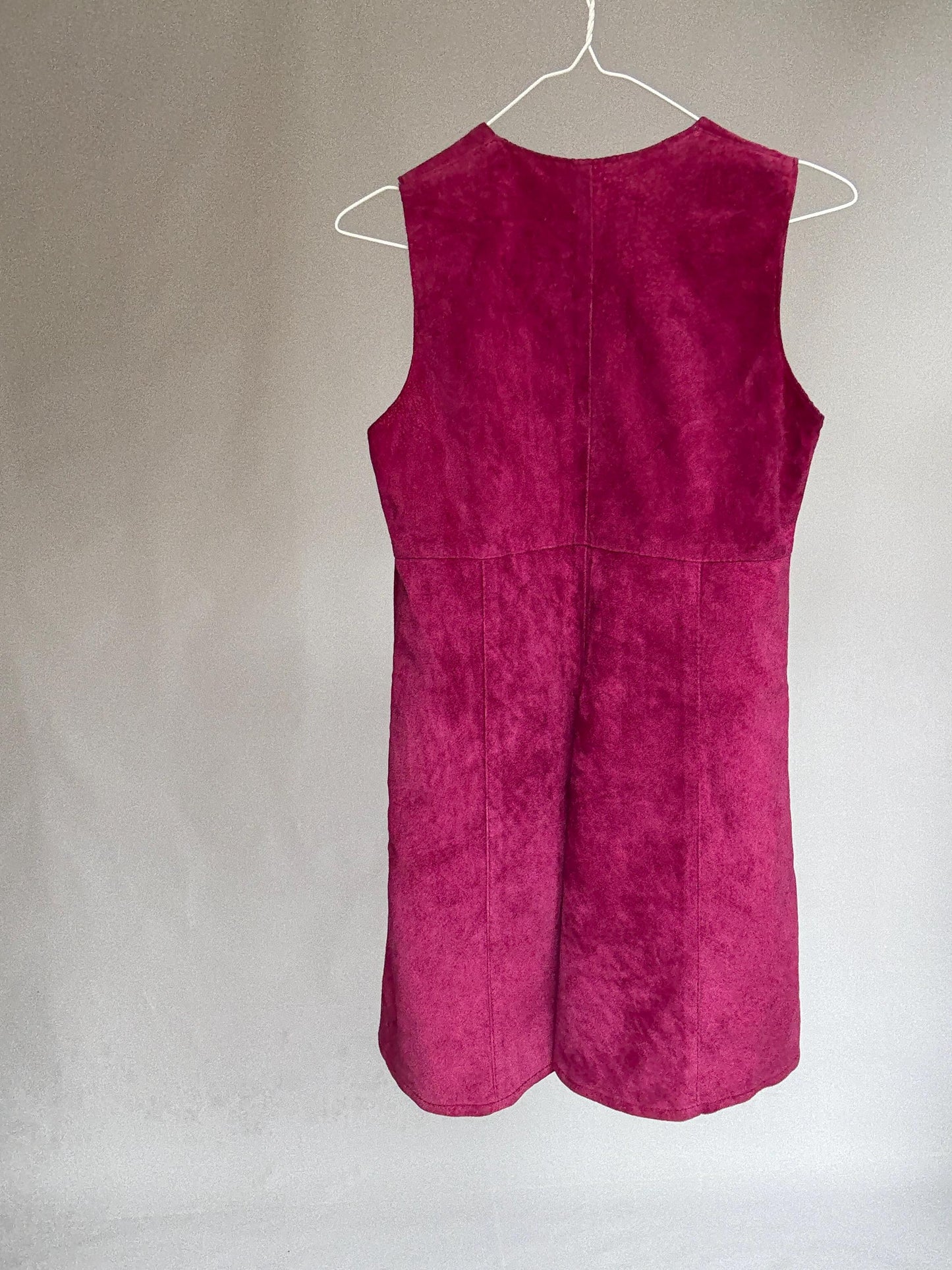 70s genuine leather mini dress, Vintage Magenta Suede Real Leather 90s Sleeveless Button Front Shift, Size S, Festival Retro look