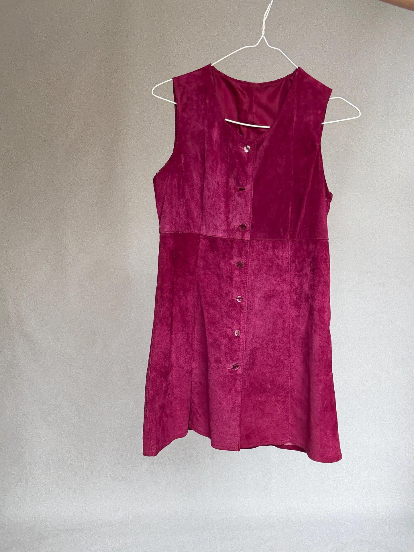 70s genuine leather mini dress, Vintage Magenta Suede Real Leather 90s Sleeveless Button Front Shift, Size S, Festival Retro look
