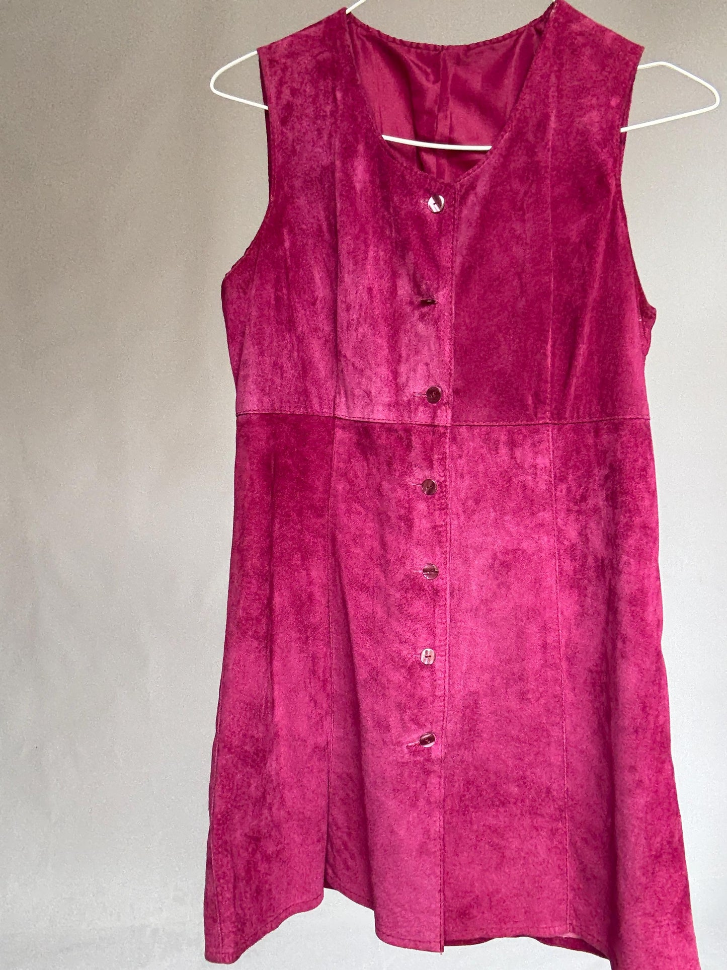 70s genuine leather mini dress, Vintage Magenta Suede Real Leather 90s Sleeveless Button Front Shift, Size S, Festival Retro look