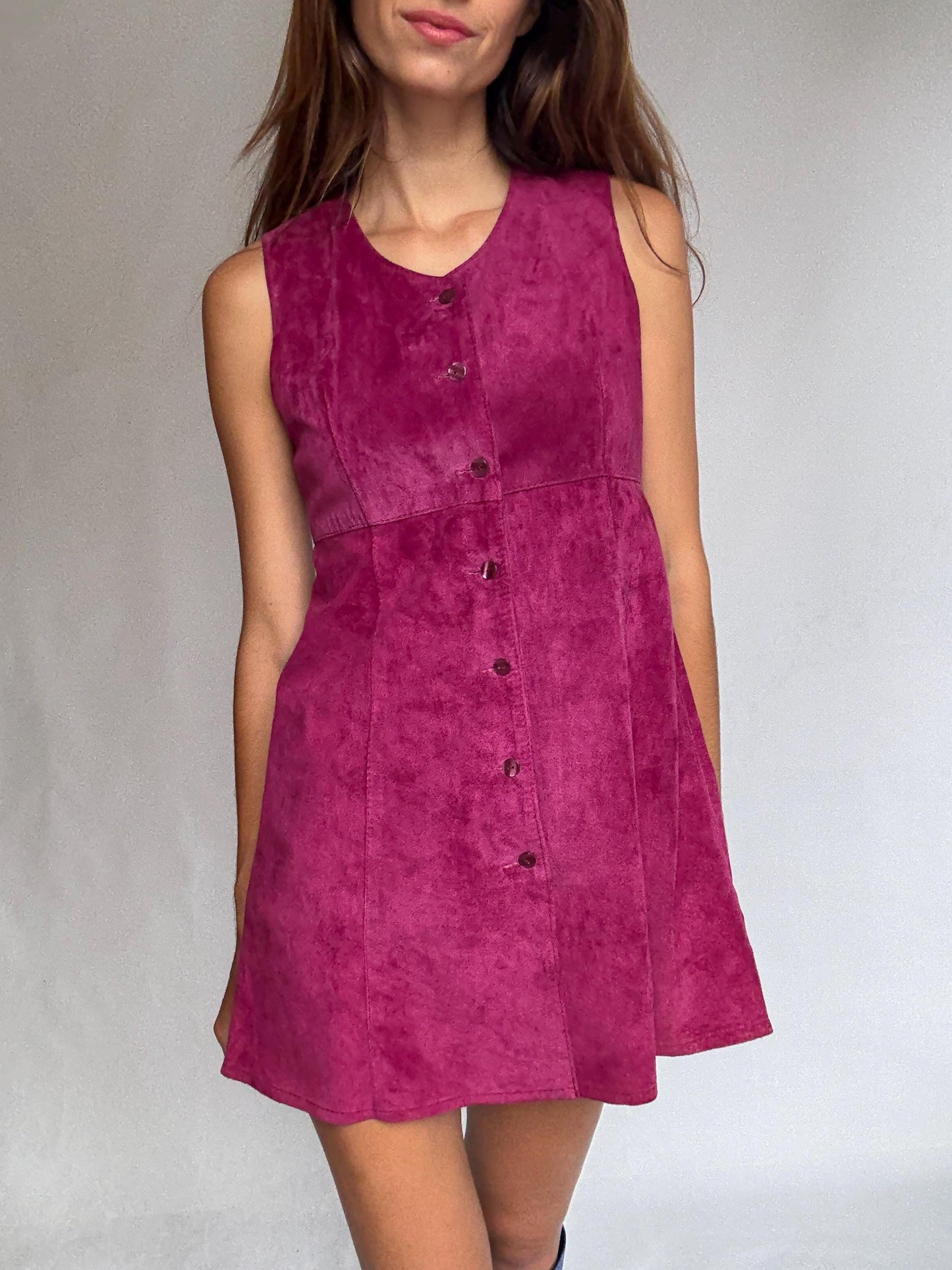 70s genuine leather mini dress, Vintage Magenta Suede Real Leather 90s Sleeveless Button Front Shift, Size S, Festival Retro look
