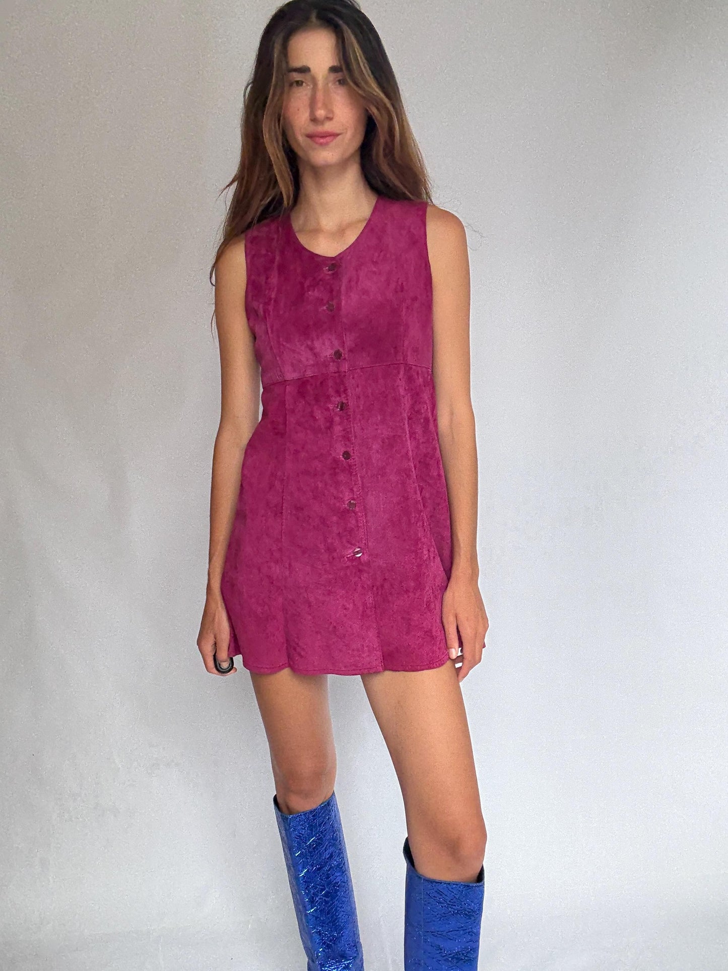 70s genuine leather mini dress, Vintage Magenta Suede Real Leather 90s Sleeveless Button Front Shift, Size S, Festival Retro look