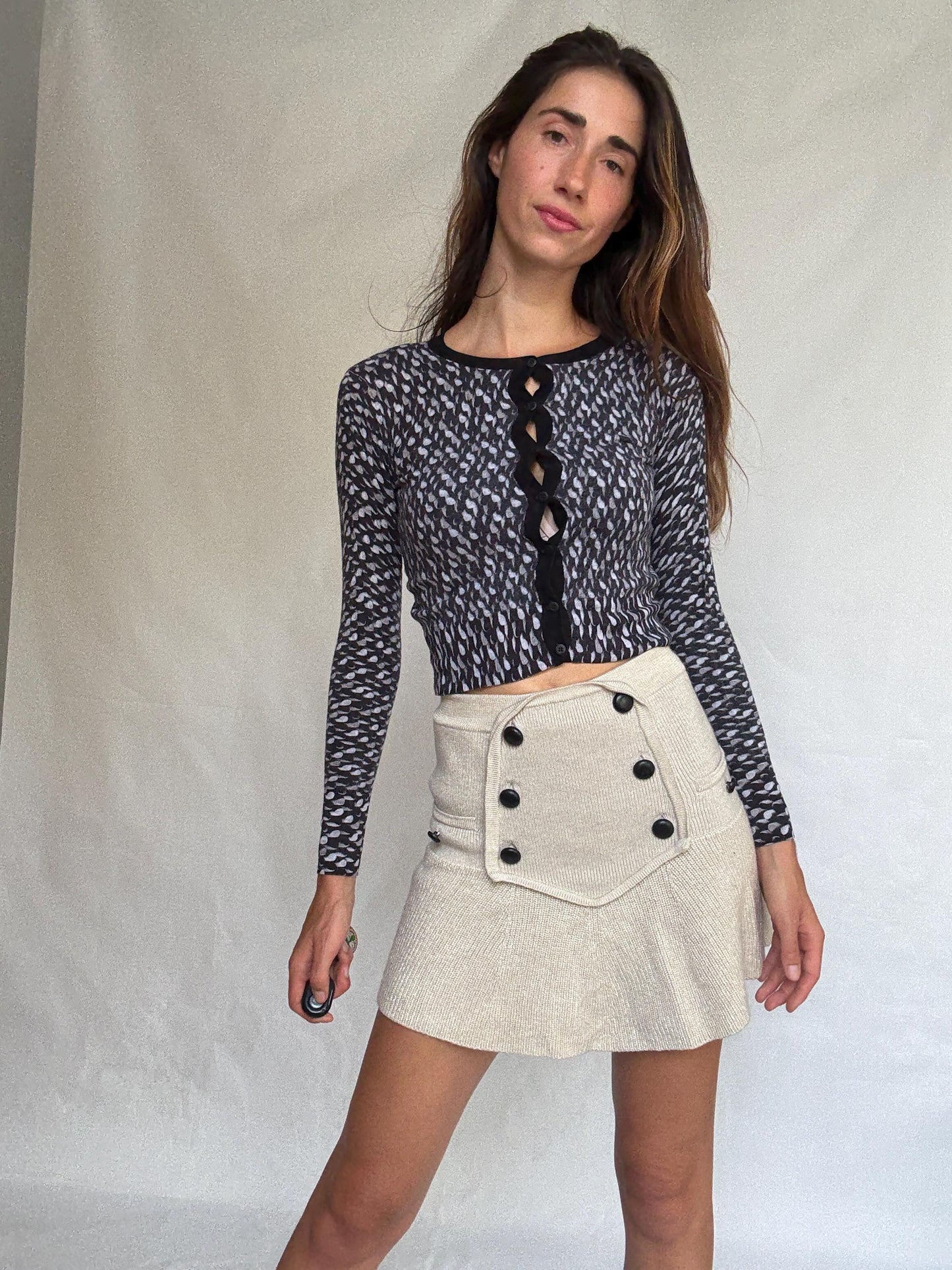 Escada Sport Vintage Wool Cardigan – XS, Black White Knit Button Top, Designer Retro Sweater, Tight Fit, Soft Knit, Luxury woman wear