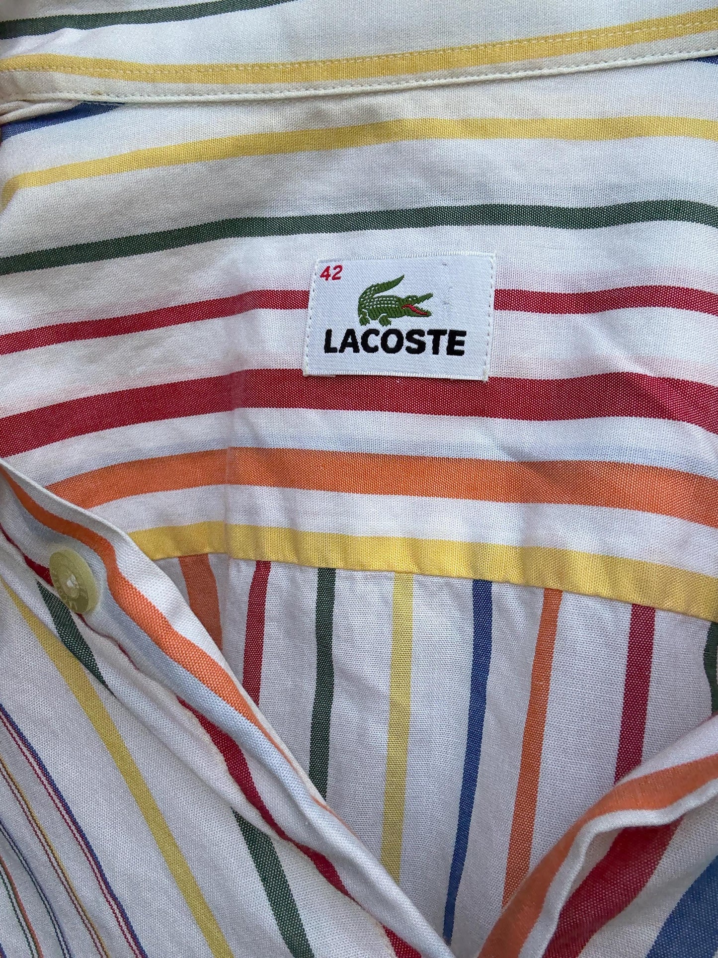 Vintage Lacoste rainbow stripe short sleeve shirt, 100% cotton, oversized fit, preppy retro vibes, unisex classic button-up, Size 42, M-L