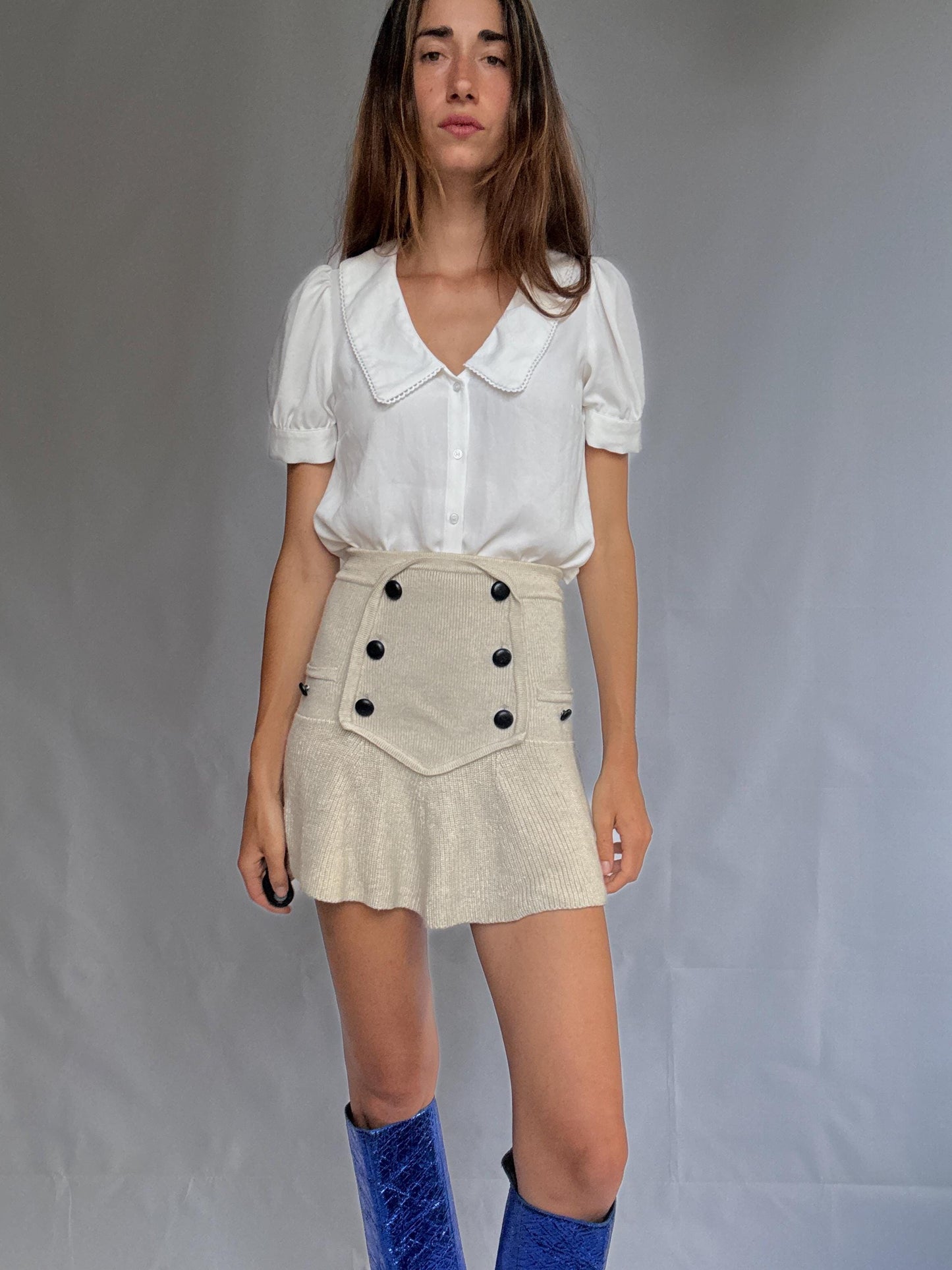 Vintage Naf Naf Paris blouse with peter pan collar, white short sleeve button-up, size 36 romantic French style top