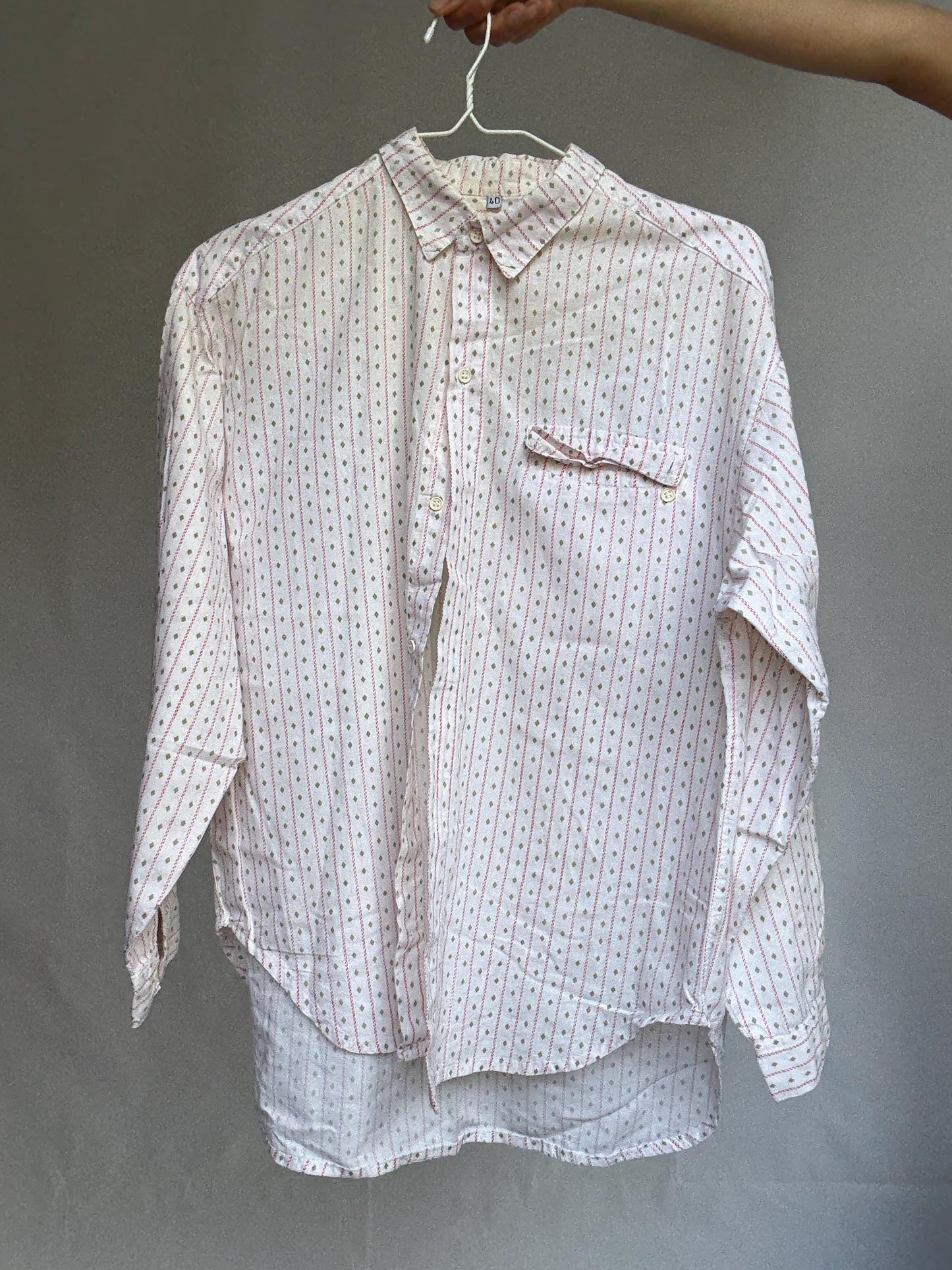 Groovy 70s Cotton Button-Up Shirt | Unisex Vintage Blouse | Pink Retro Print | Size L (DE 40 / UK 14 / US 10)