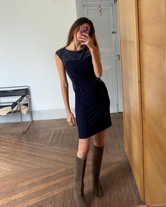 Lauren Ralph Lauren Navy Lace Bodycon Dress | Vintage Designer Evening Dress | Fits US 4 / UK 8 / EU 36