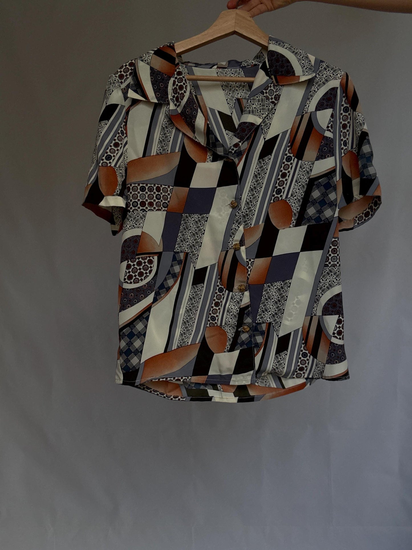 Vintage handmade short sleeve blouse, retro geometric print, one of a kind button-up shirt, lightweight and silky, 90s style top