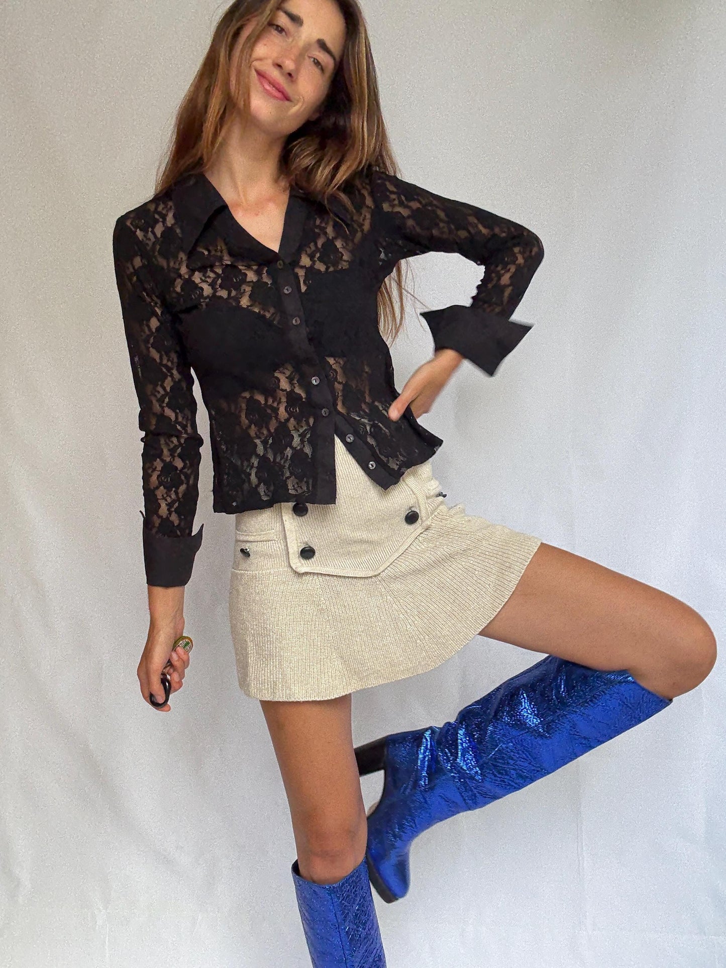Vintage Rayure Paris Lace Blouse | Sheer Black Designer Button-Up | Made in France
