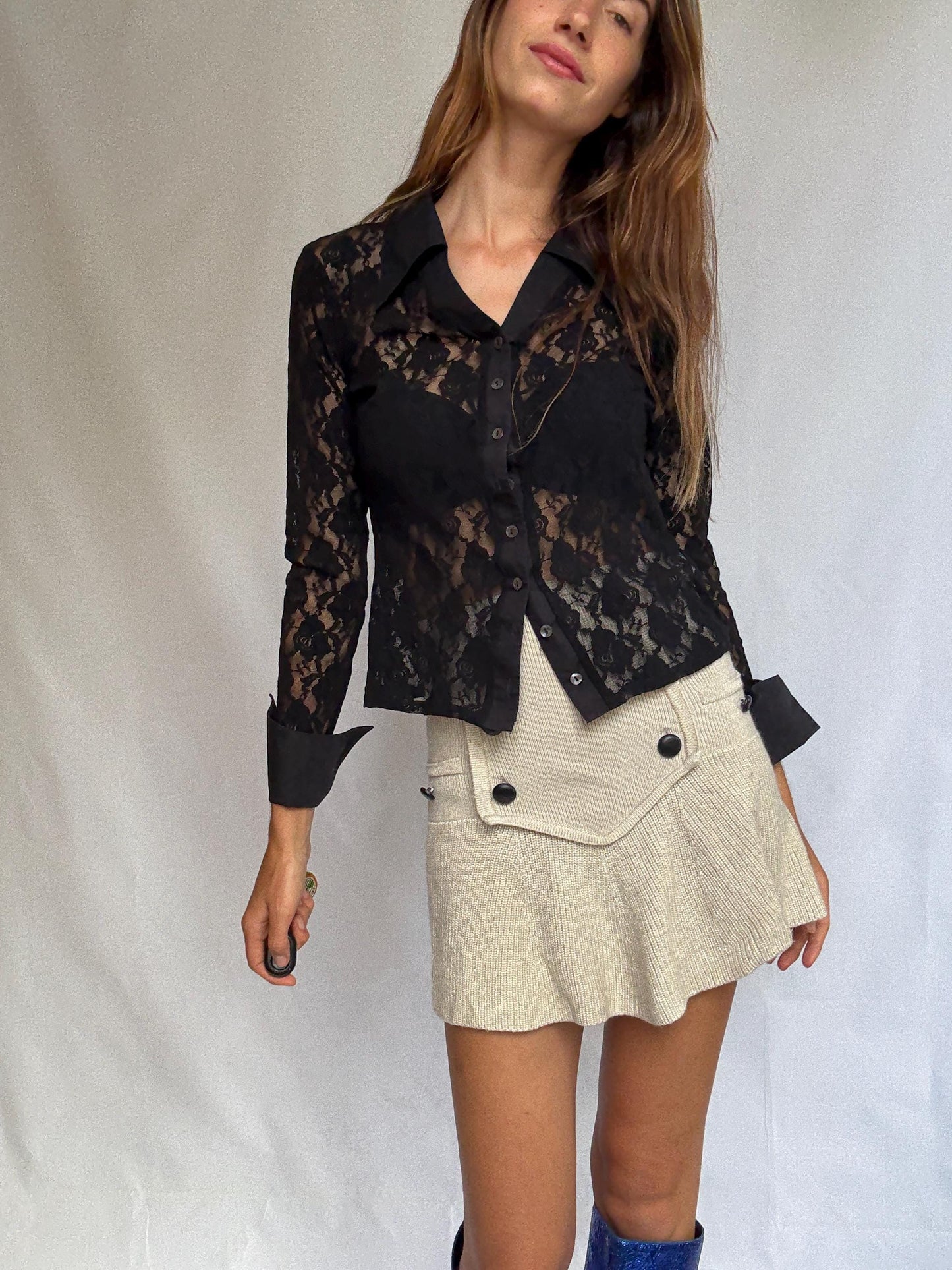 Vintage Rayure Paris Lace Blouse | Sheer Black Designer Button-Up | Made in France