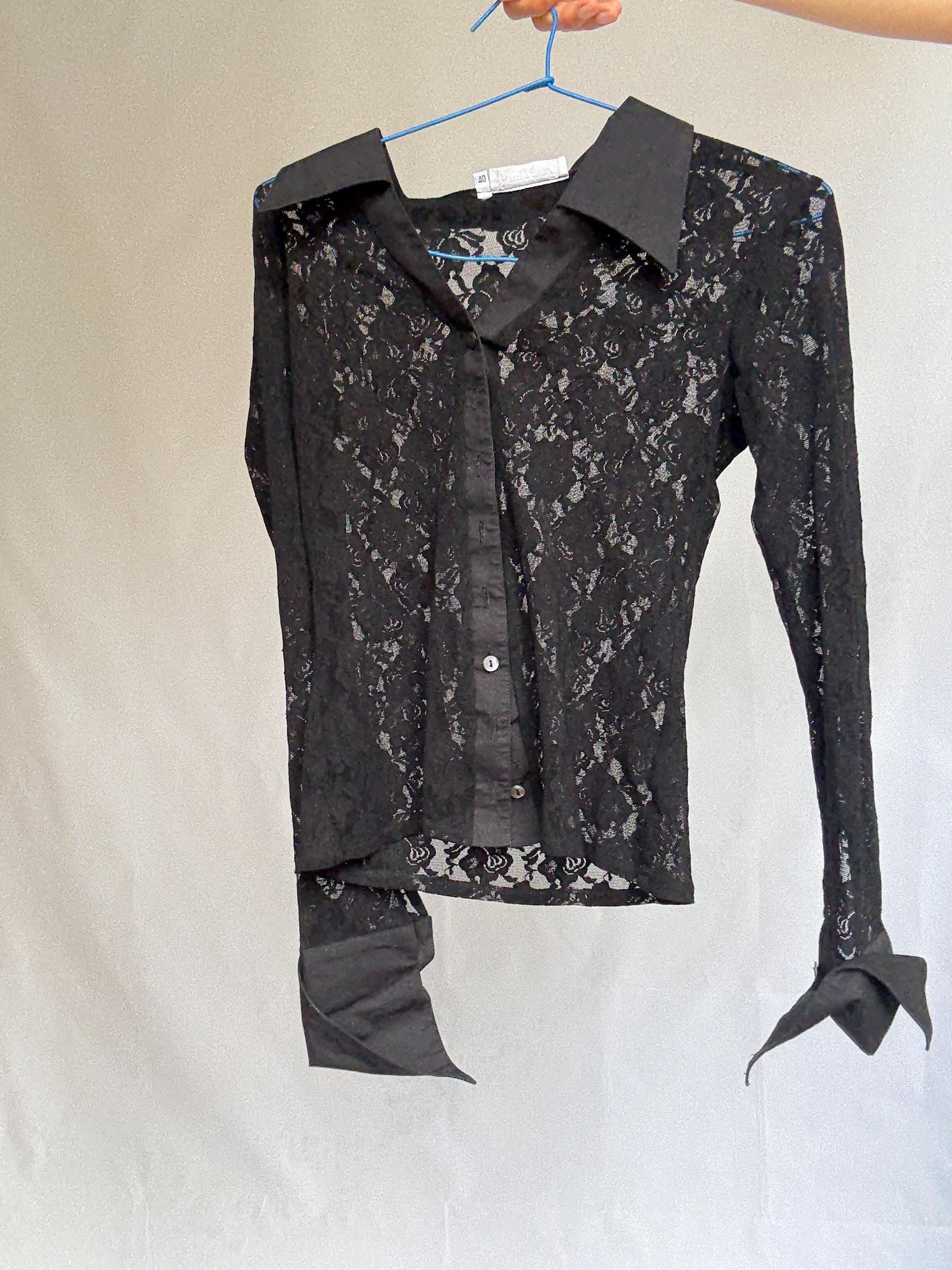 Vintage Rayure Paris Lace Blouse | Sheer Black Designer Button-Up | Made in France