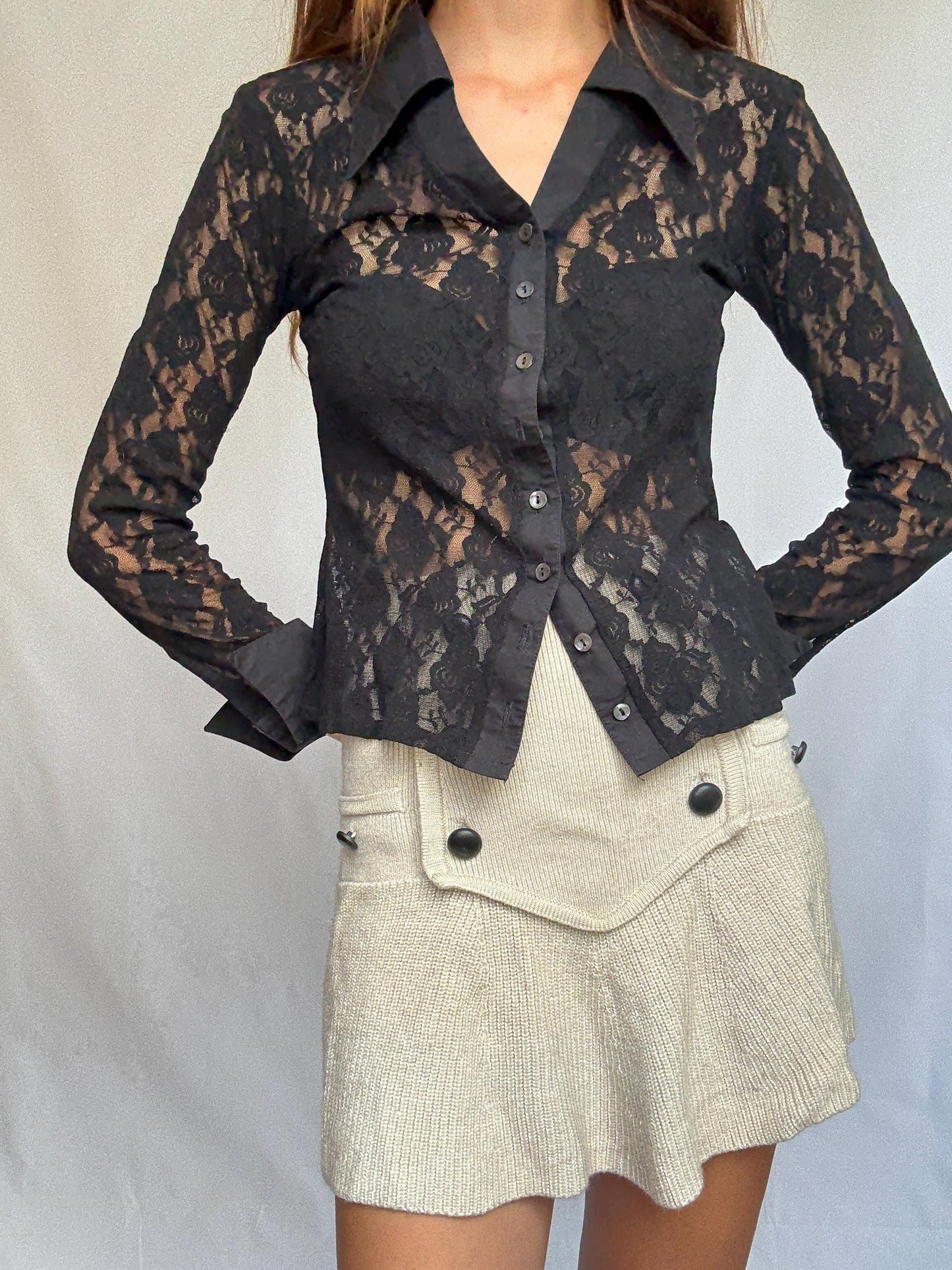 Vintage Rayure Paris Lace Blouse | Sheer Black Designer Button-Up | Made in France