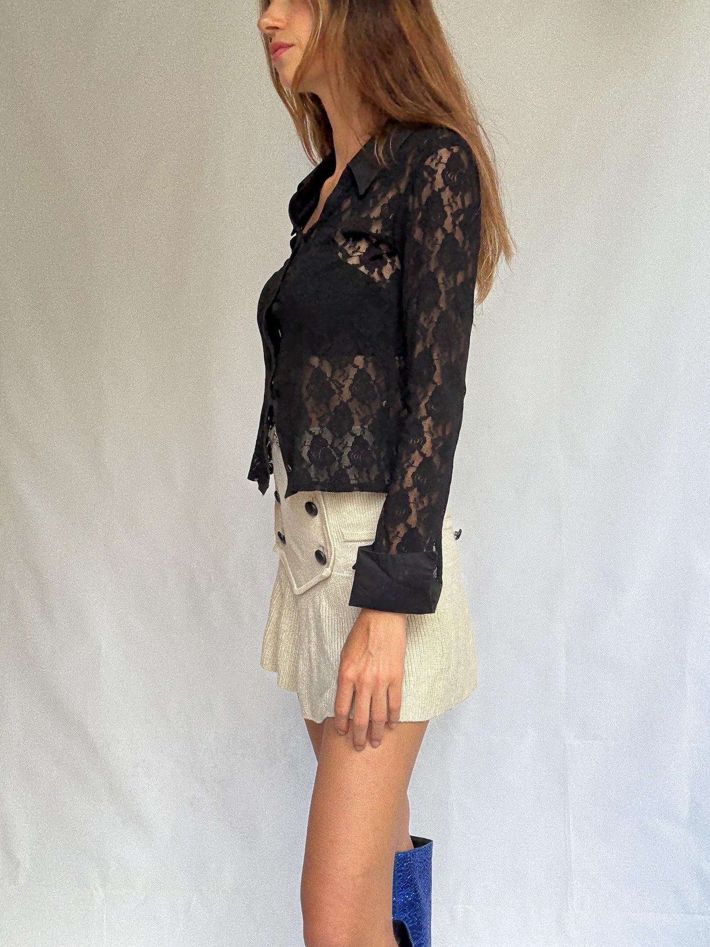 Vintage Rayure Paris Lace Blouse | Sheer Black Designer Button-Up | Made in France
