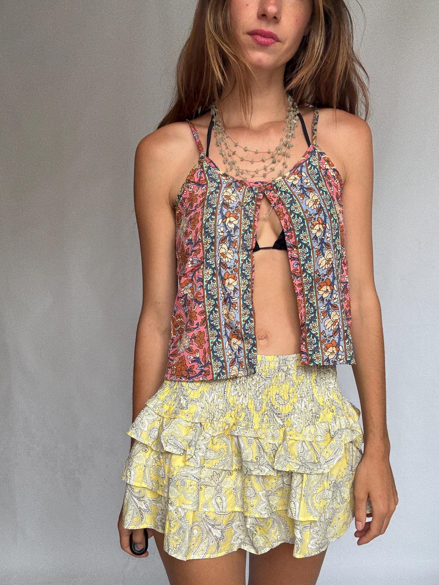 Yellow Ruffle Mini Skort – Y2K Festival Cotton Skirt w/ Shorts, Coquette Summer Fit, Suki Waterhouse Vibes, Thrifted Size S