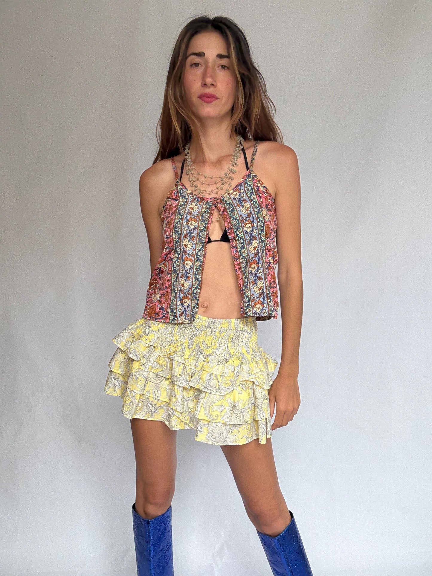 Y2K Ruffle Mini Skirt • Baby Yellow Paisley Print • Coquette Balletcore Summer Skirt XXS