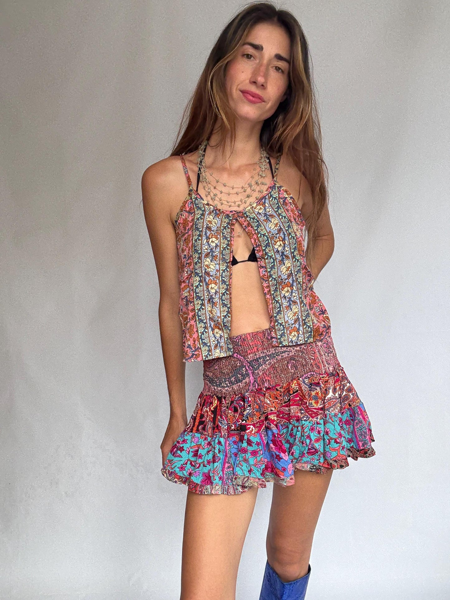 Boho Silk Ruffle Mini Skirt • Festival Girlcore • french european girl Style Size : XXS - XS