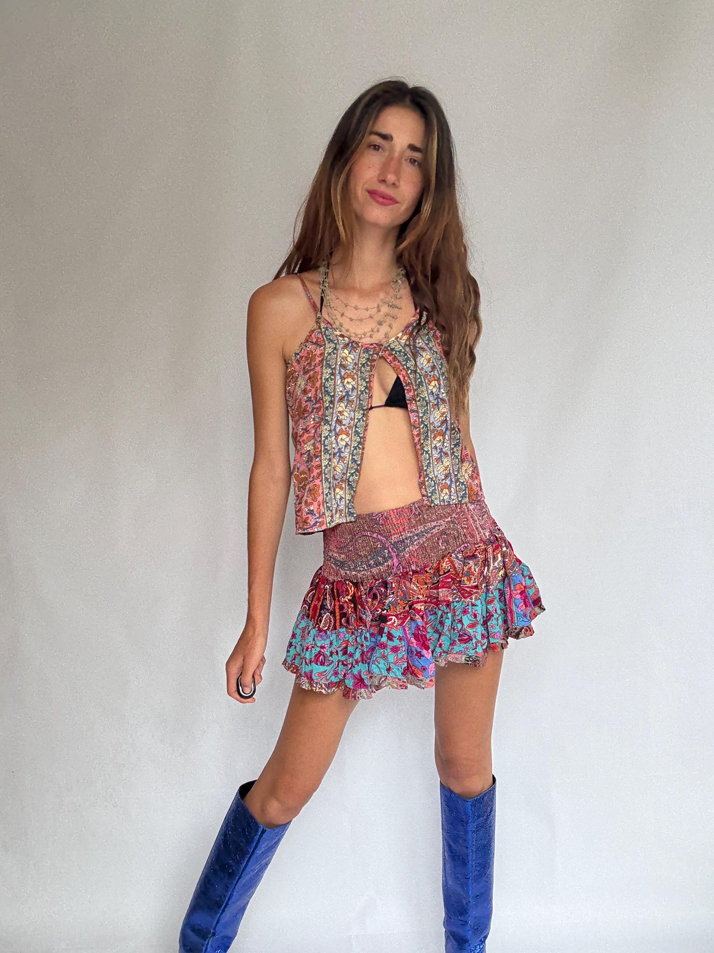 Boho Silk Ruffle Mini Skirt • Festival Girlcore • french european girl Style Size : XXS - XS