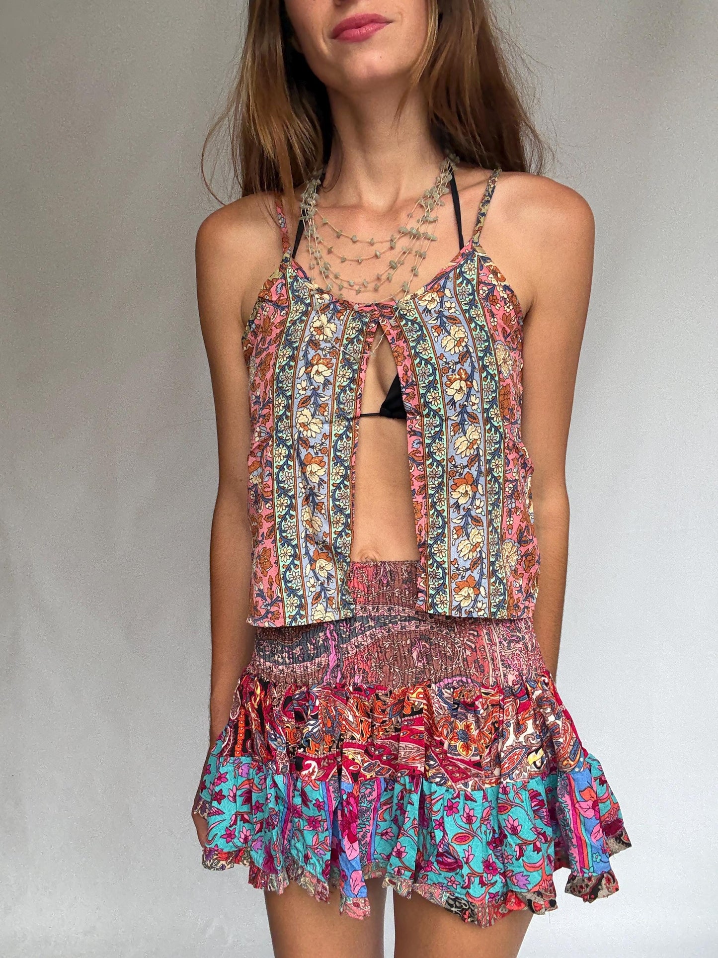 Boho Silk Ruffle Mini Skirt • Festival Girlcore • french european girl Style Size : XXS - XS