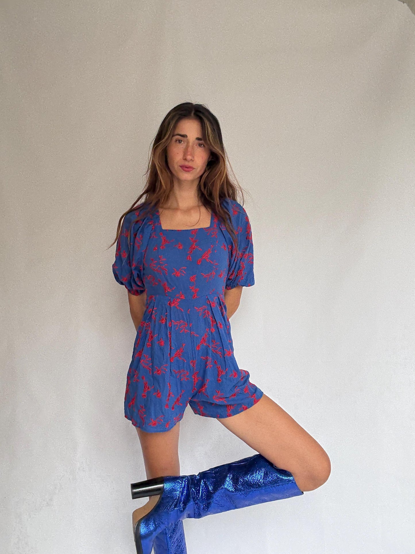 Blue Puff Sleeve Floral Jumpsuit • Backless ASOS Romper • Y2K Picnic Girl Summer Fit, Size S