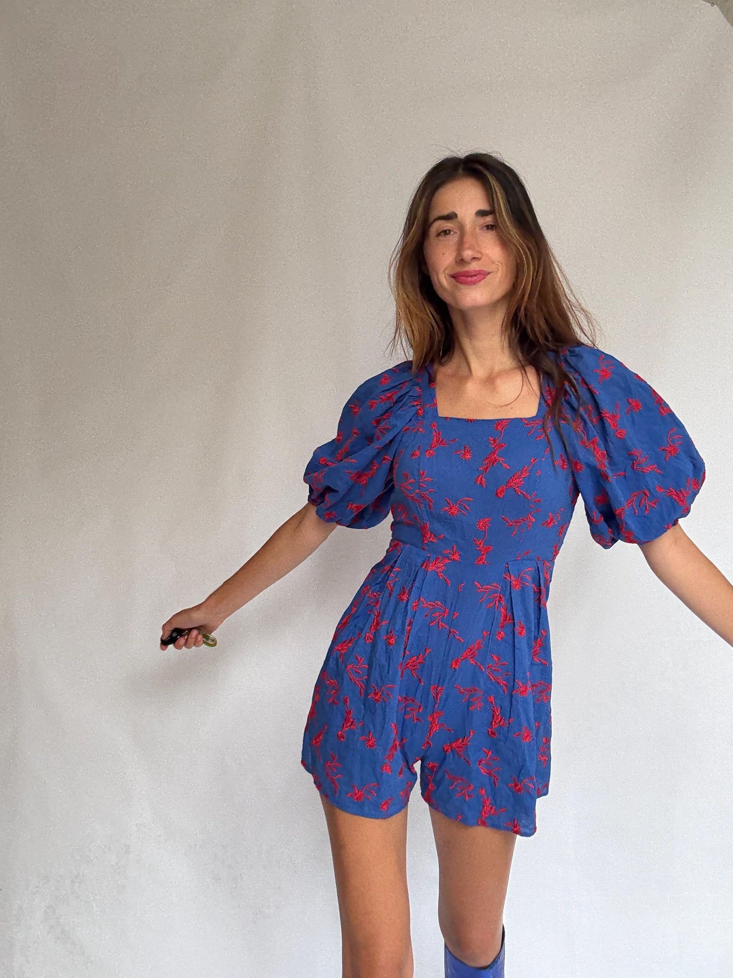 Blue Puff Sleeve Floral Jumpsuit • Backless ASOS Romper • Y2K Picnic Girl Summer Fit, Size S