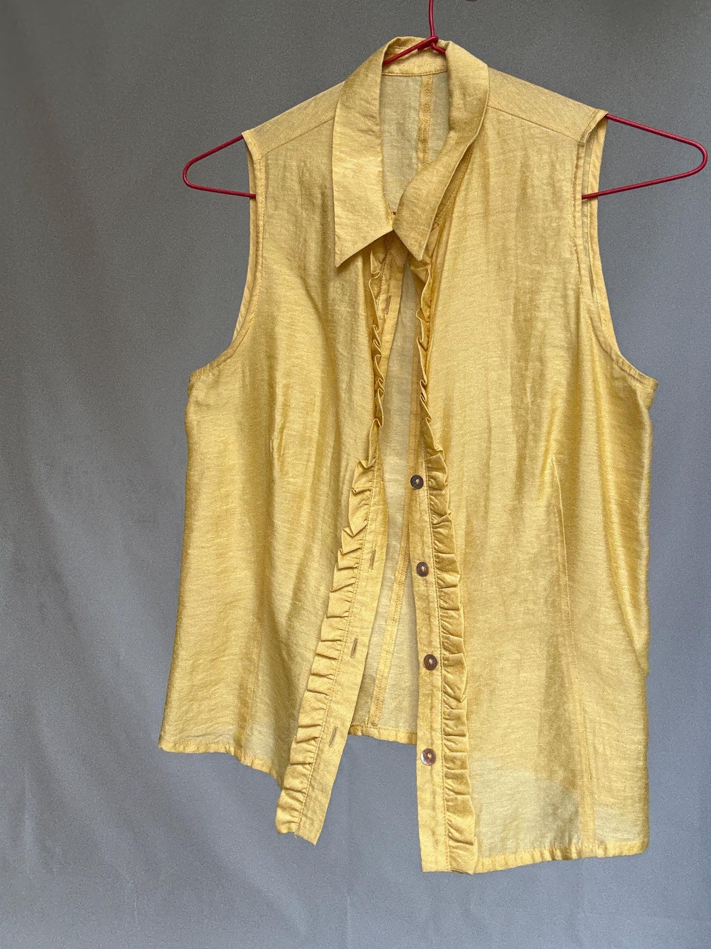 Vintage yellow sleeveless blouse with ruffle trim, Made in Spain, soft viscose silk blend, size 38 button-up summer top