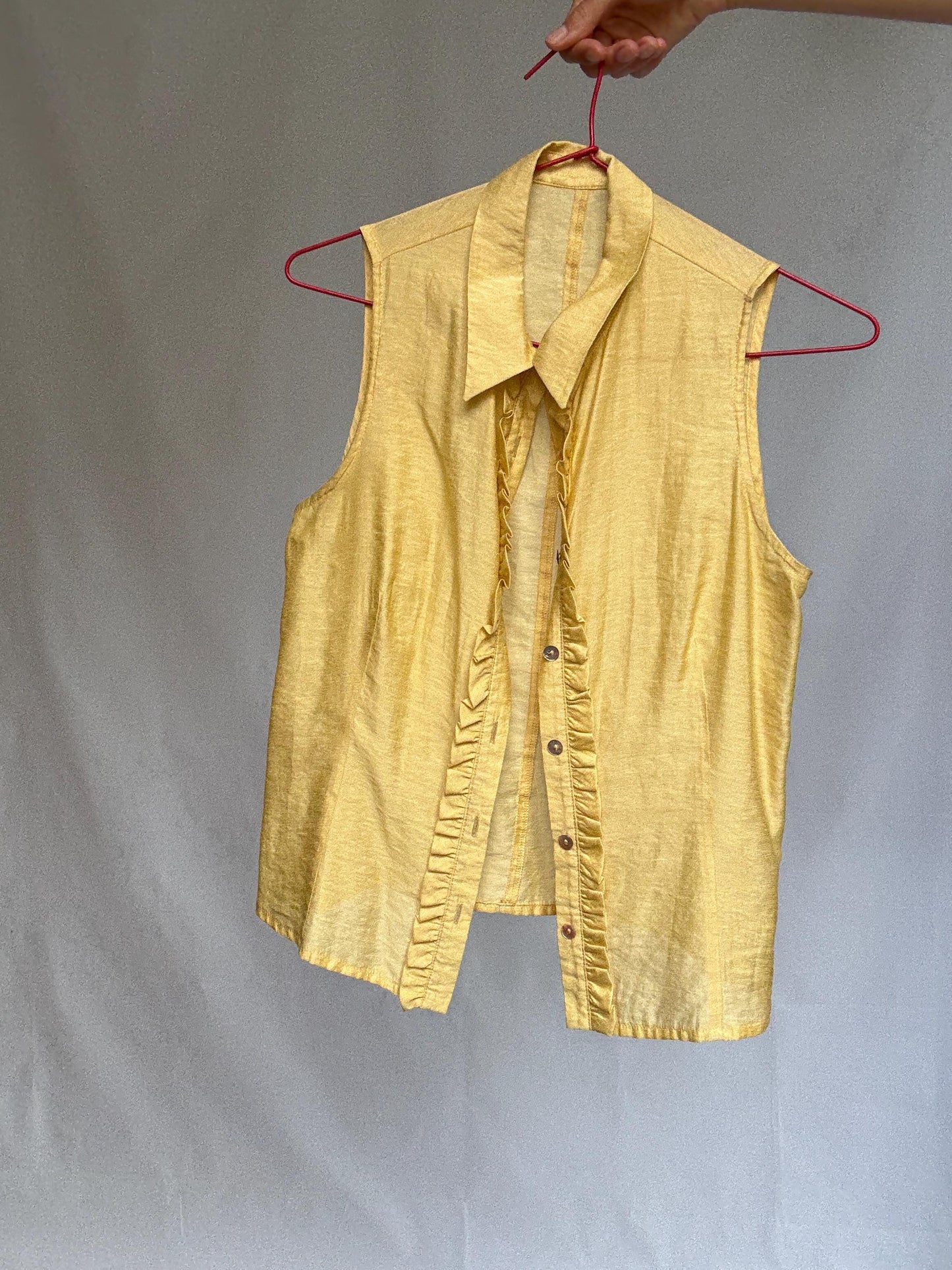 Vintage yellow sleeveless blouse with ruffle trim, Made in Spain, soft viscose silk blend, size 38 button-up summer top
