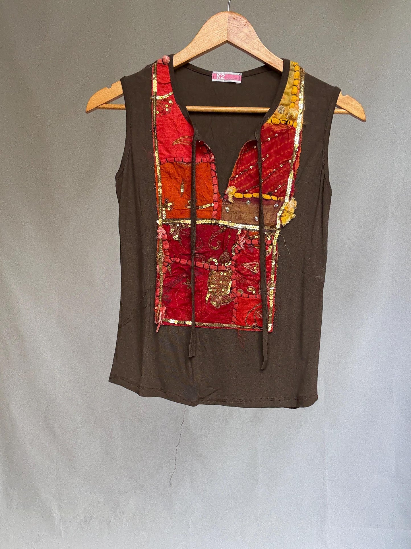 Boho k2 sleeveless top with handmade sequin patchwork, brown stretch tank made in Italy, soft viscose blend, artisan hippie style
