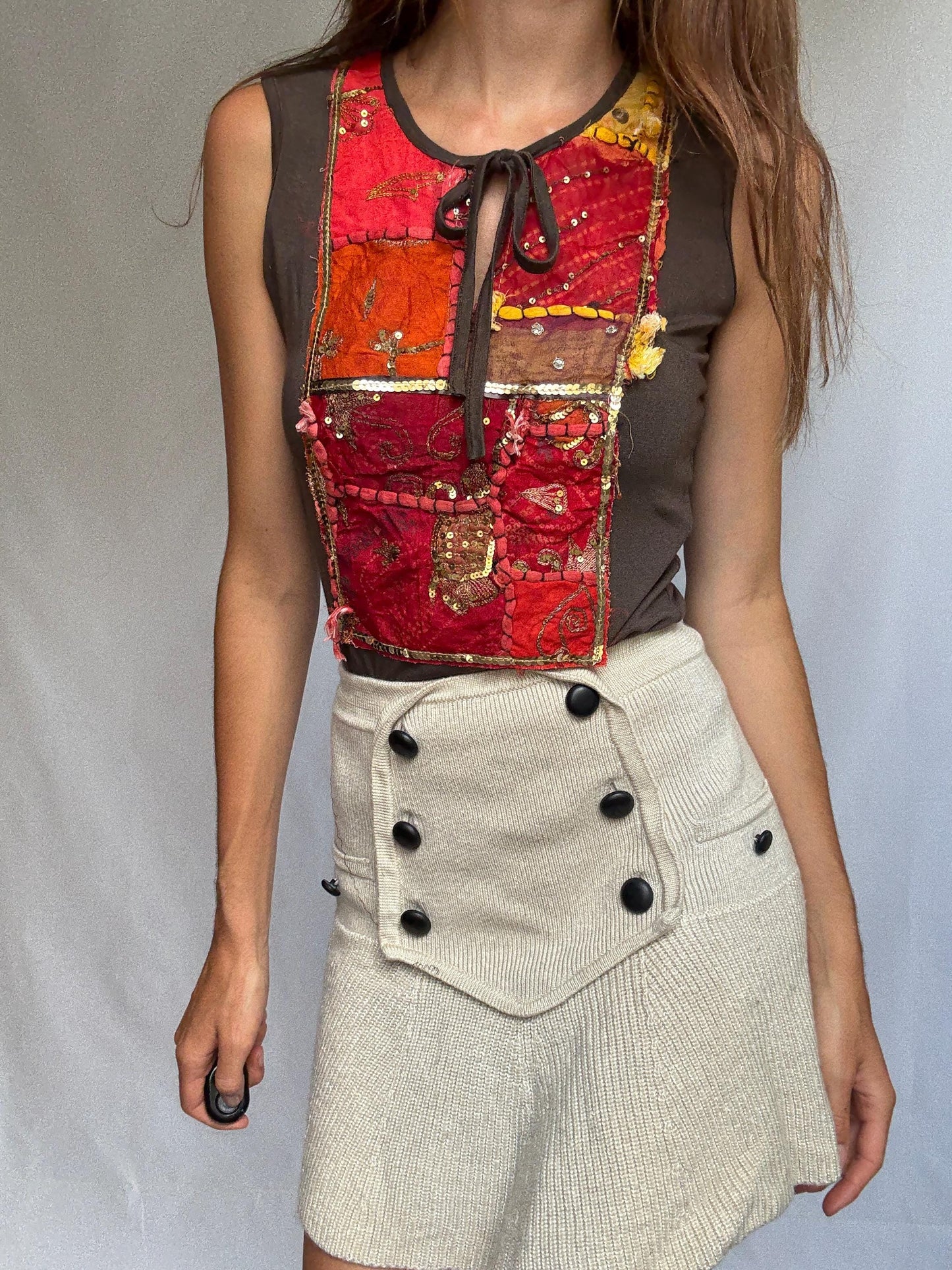 Boho k2 sleeveless top with handmade sequin patchwork, brown stretch tank made in Italy, soft viscose blend, artisan hippie style