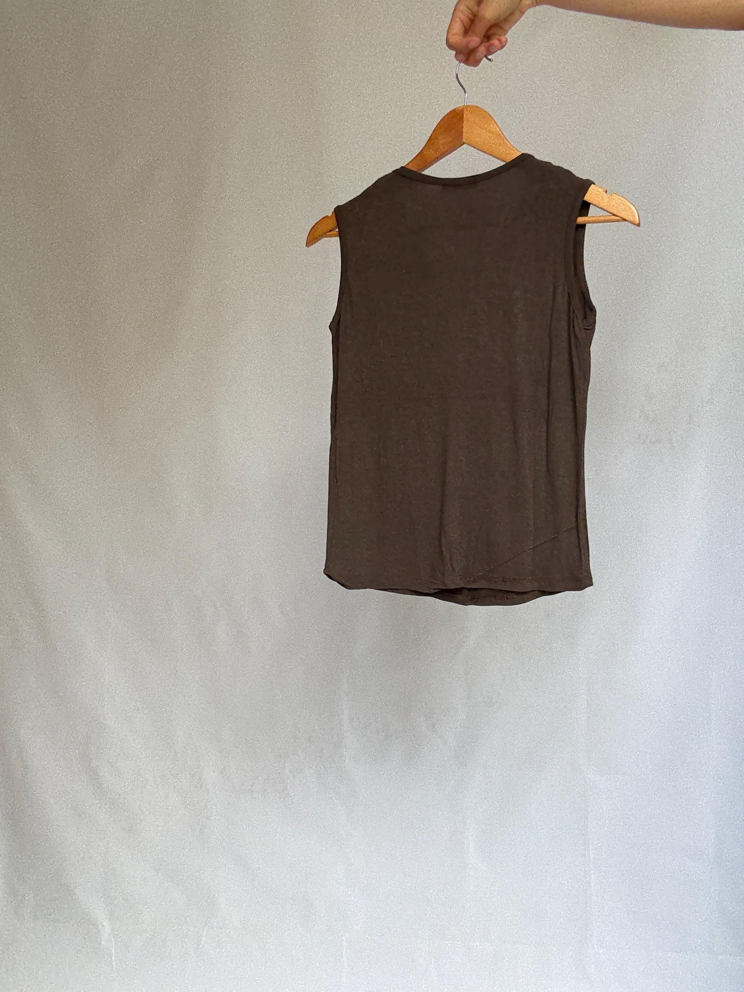 Boho k2 sleeveless top with handmade sequin patchwork, brown stretch tank made in Italy, soft viscose blend, artisan hippie style