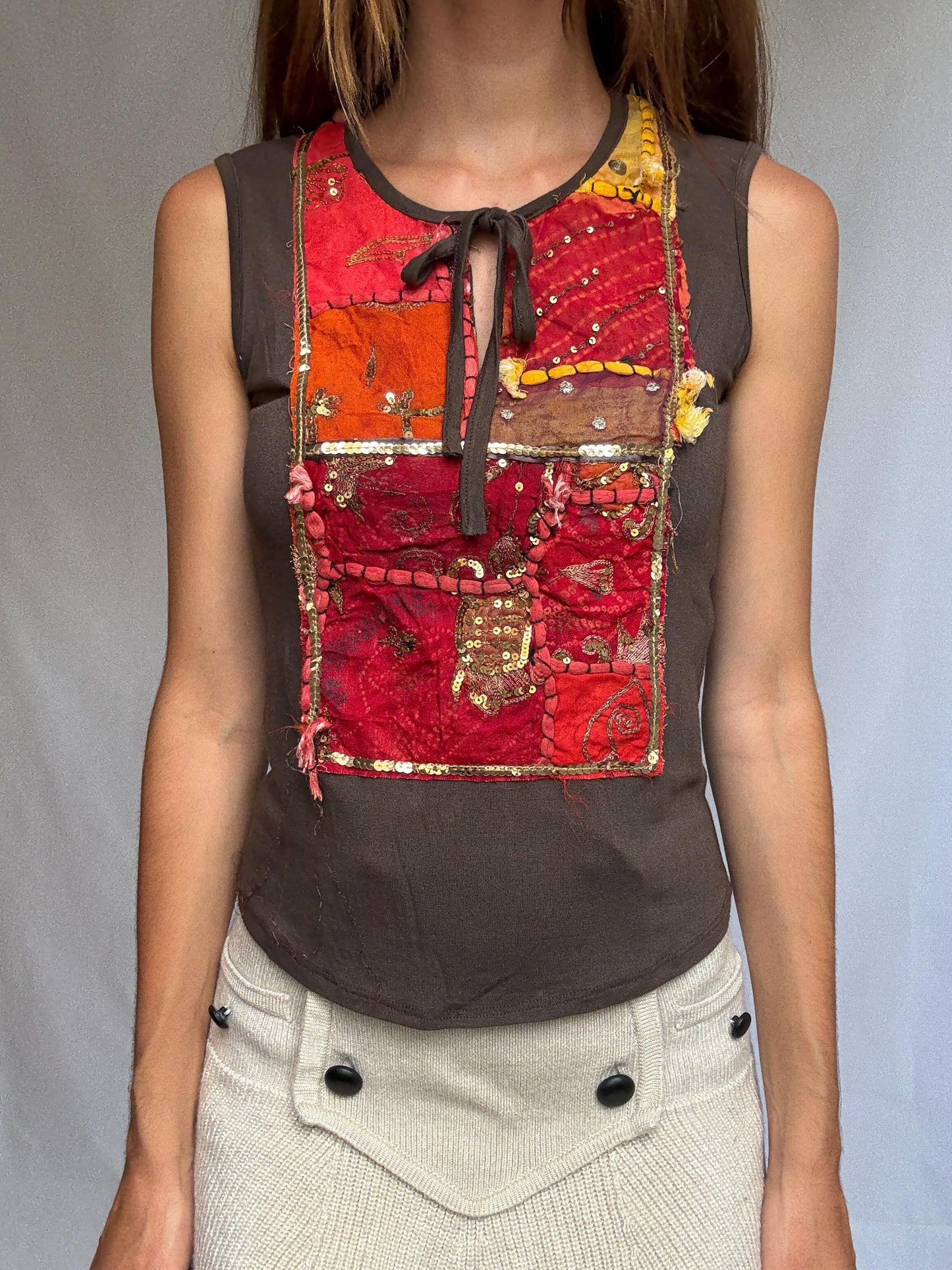 Boho k2 sleeveless top with handmade sequin patchwork, brown stretch tank made in Italy, soft viscose blend, artisan hippie style