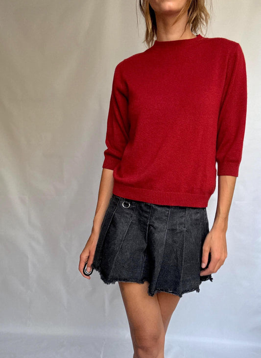 Vintage red jumper by Adolfo Dominguez – wool blend feel, crew neck, soft textured knit, relaxed fit, size L