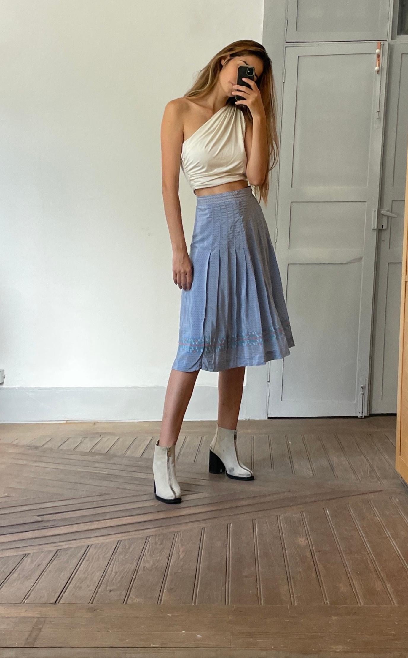 Cottage core blue high waist summer skirt, Elegant vintage pleated skirt