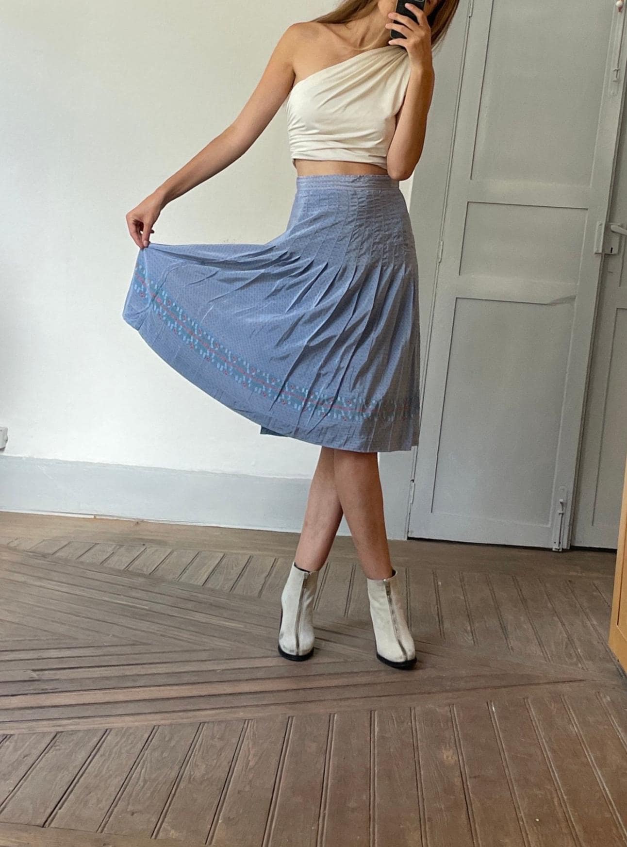 Cottage core blue high waist summer skirt, Elegant vintage pleated skirt