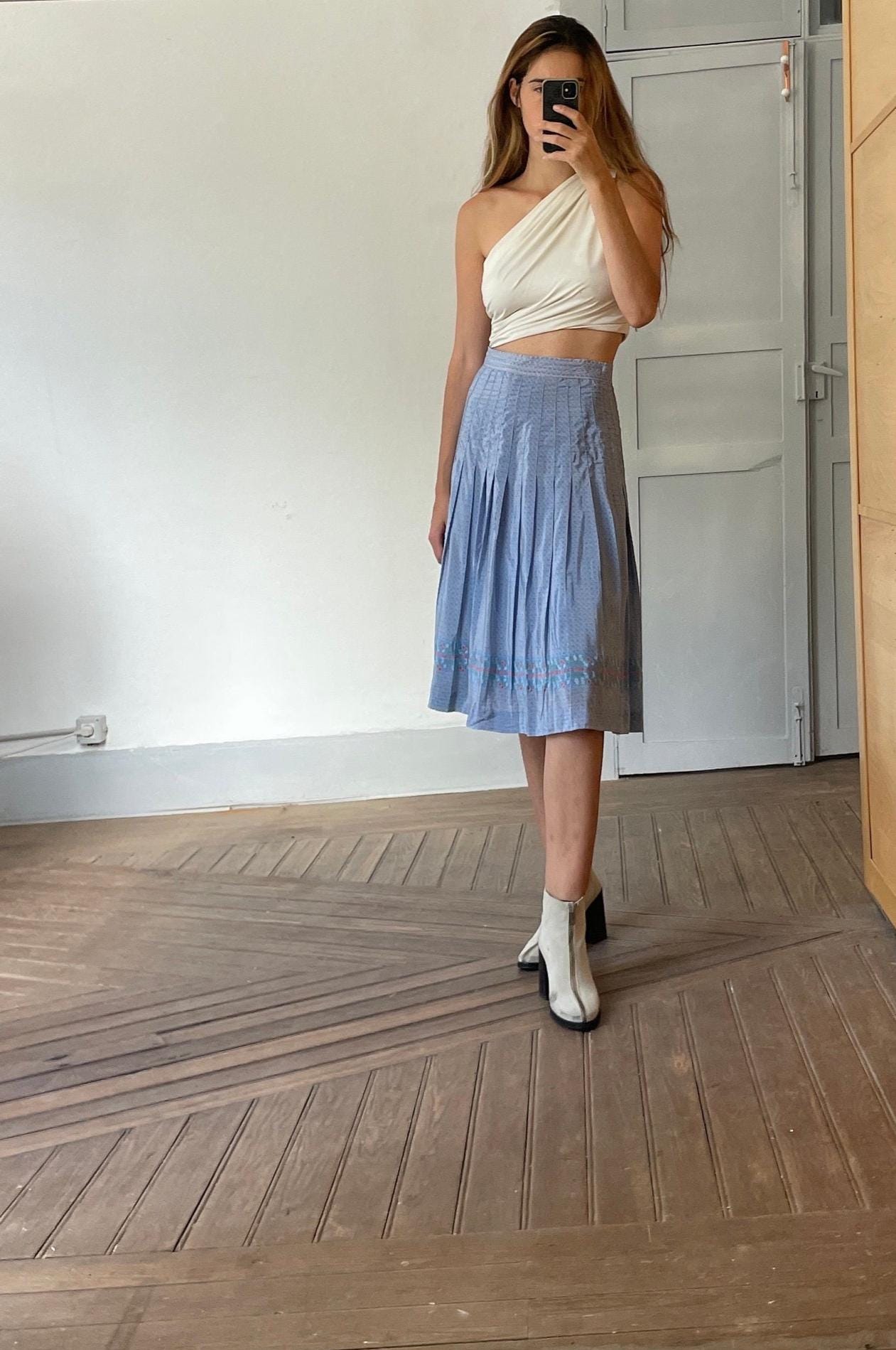 Cottage core blue high waist summer skirt, Elegant vintage pleated skirt