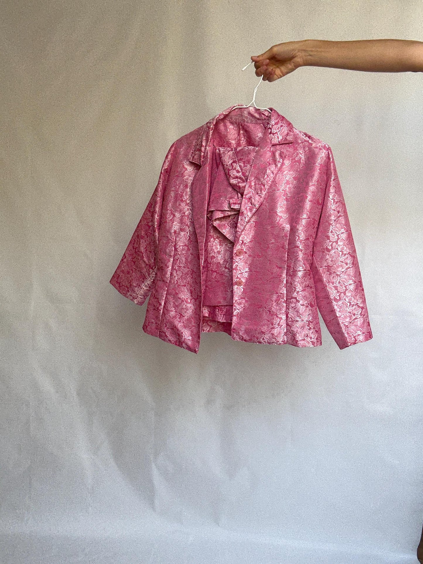Vintage Pink Brocade Set – Handmade Spanish Skirt Top Jacket Suit – Barbie core office outfit, Size M-L