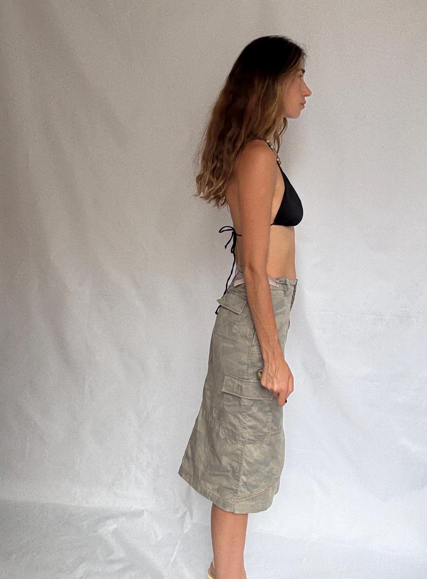 Y2K Army Girl Camo Midi Skirt | Adjustable Waist Cargo Skirt | 2000s Military Style Streetwear | Grunge Utility Skirt in Cotton | S/M