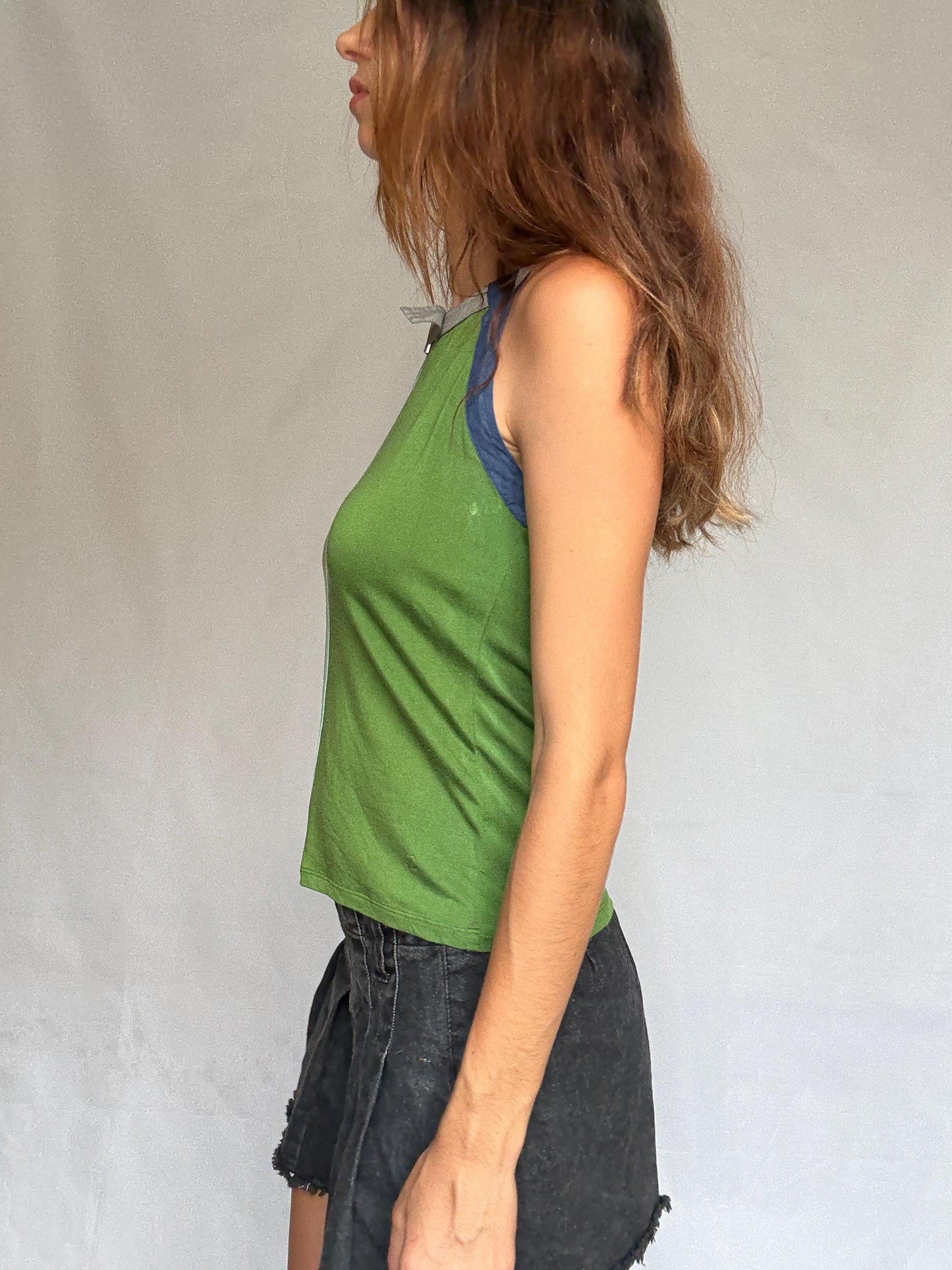Y2K Adolfo Dominguez Green Racer Cami | Sporty Minimalist Striped Tank | Indie Sleek Fit | Size S