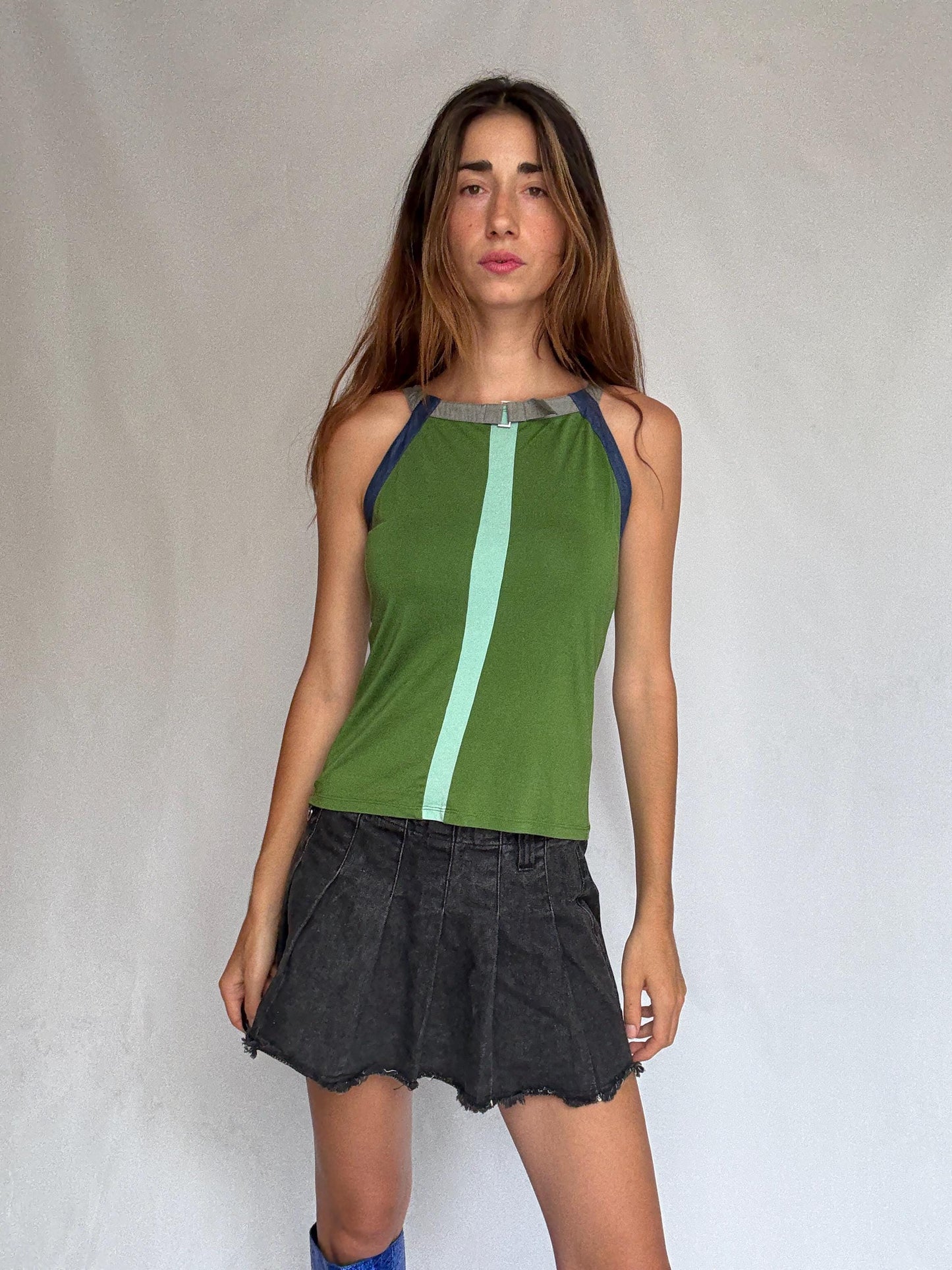 Y2K Adolfo Dominguez Green Racer Cami | Sporty Minimalist Striped Tank | Indie Sleek Fit | Size S