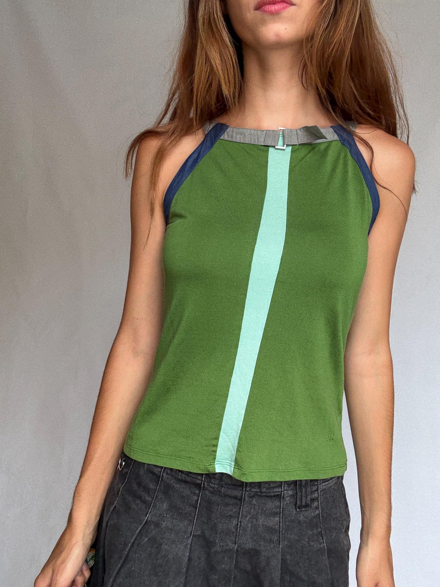Y2K Adolfo Dominguez Green Racer Cami | Sporty Minimalist Striped Tank | Indie Sleek Fit | Size S