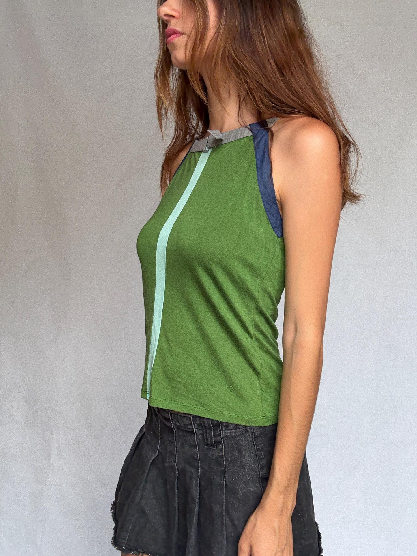 Y2K Adolfo Dominguez Green Racer Cami | Sporty Minimalist Striped Tank | Indie Sleek Fit | Size S