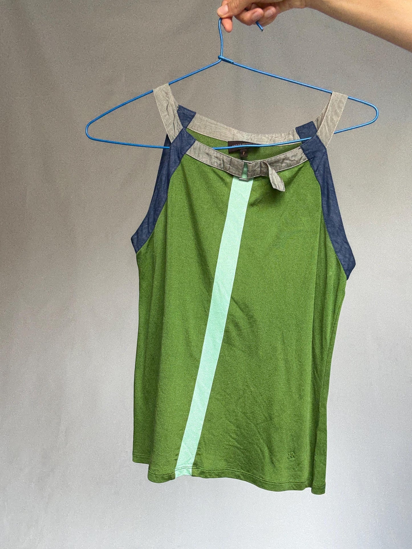 Y2K Adolfo Dominguez Green Racer Cami | Sporty Minimalist Striped Tank | Indie Sleek Fit | Size S