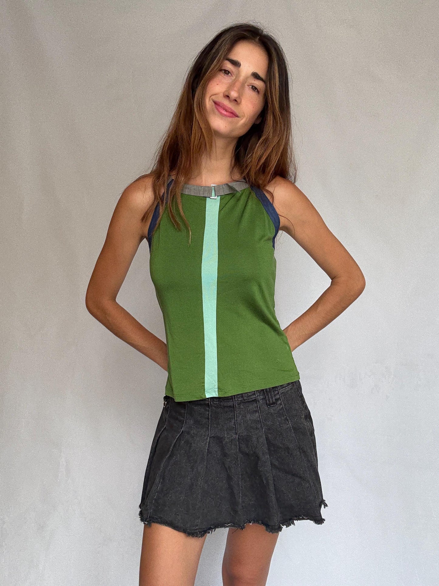 Y2K Adolfo Dominguez Green Racer Cami | Sporty Minimalist Striped Tank | Indie Sleek Fit | Size S