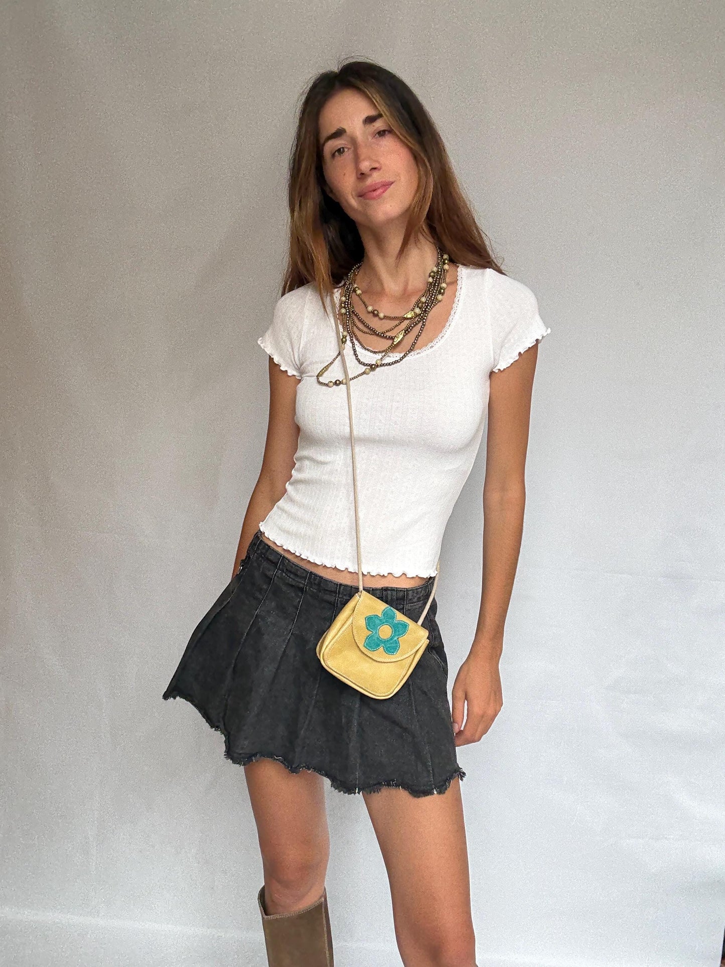 Y2K Yellow Leather Mini Purse | Festival Crossbody Pouch with Blue Flower | Retro 2000s Revival Bag