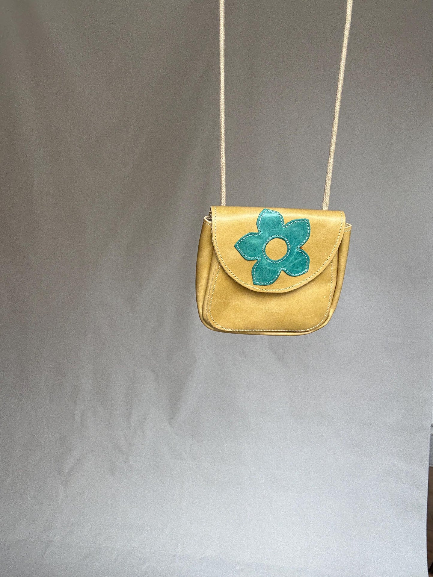 Y2K Yellow Leather Mini Purse | Festival Crossbody Pouch with Blue Flower | Retro 2000s Revival Bag