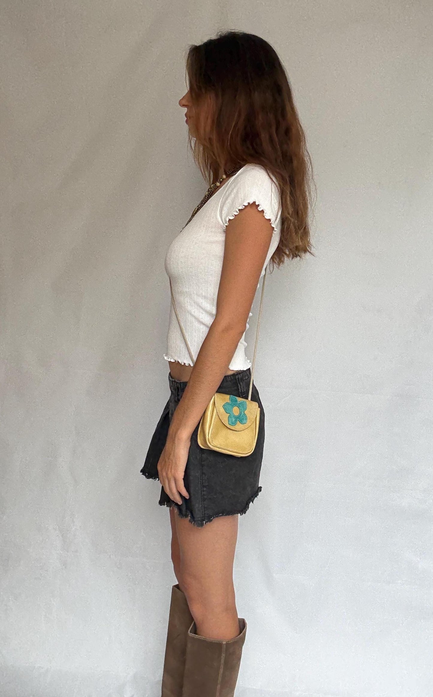 Y2K Yellow Leather Mini Purse | Festival Crossbody Pouch with Blue Flower | Retro 2000s Revival Bag