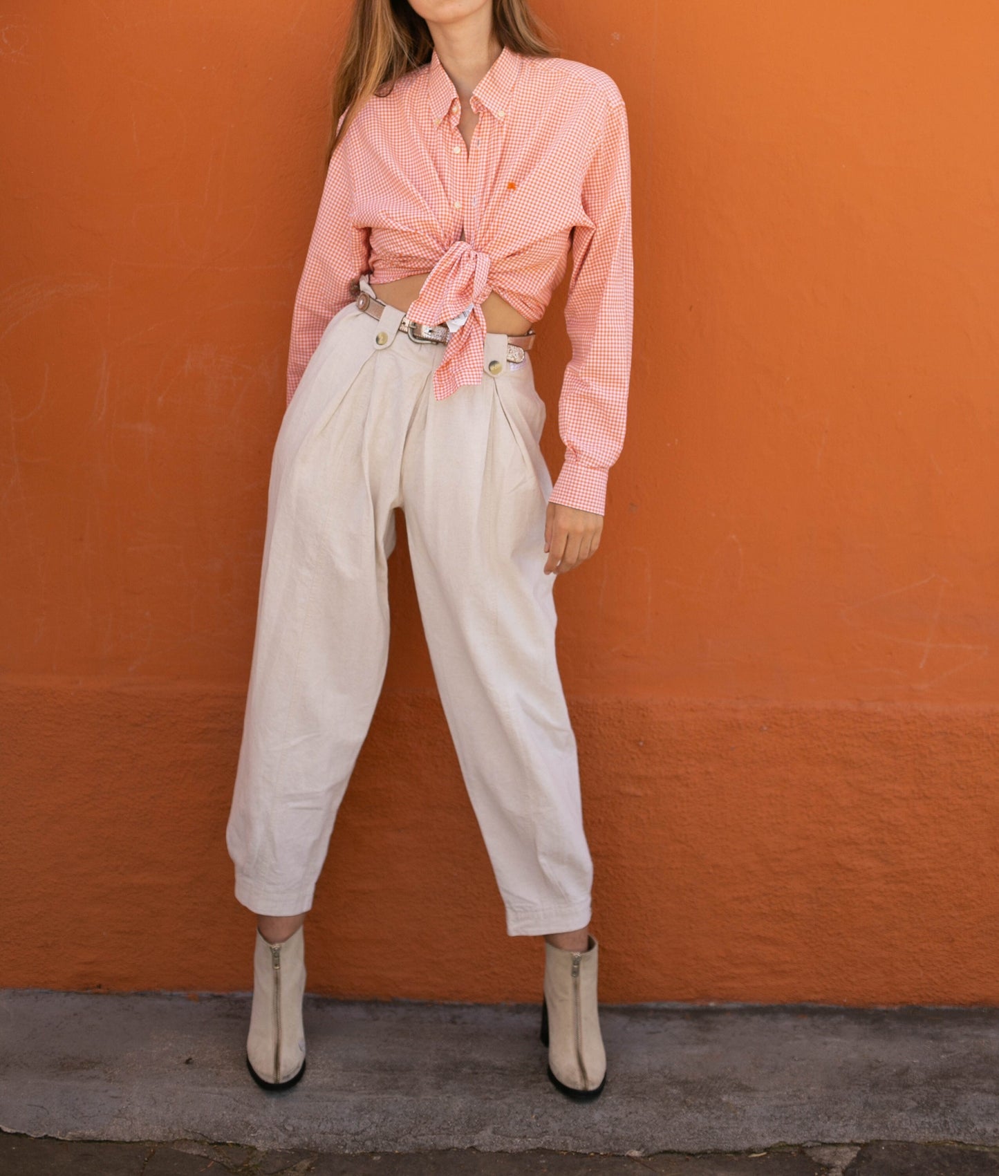 Vintage Burberry London checkered orange button up shirt, Collared long sleeve design shirt, Oxford summer blouse, US L - XXL