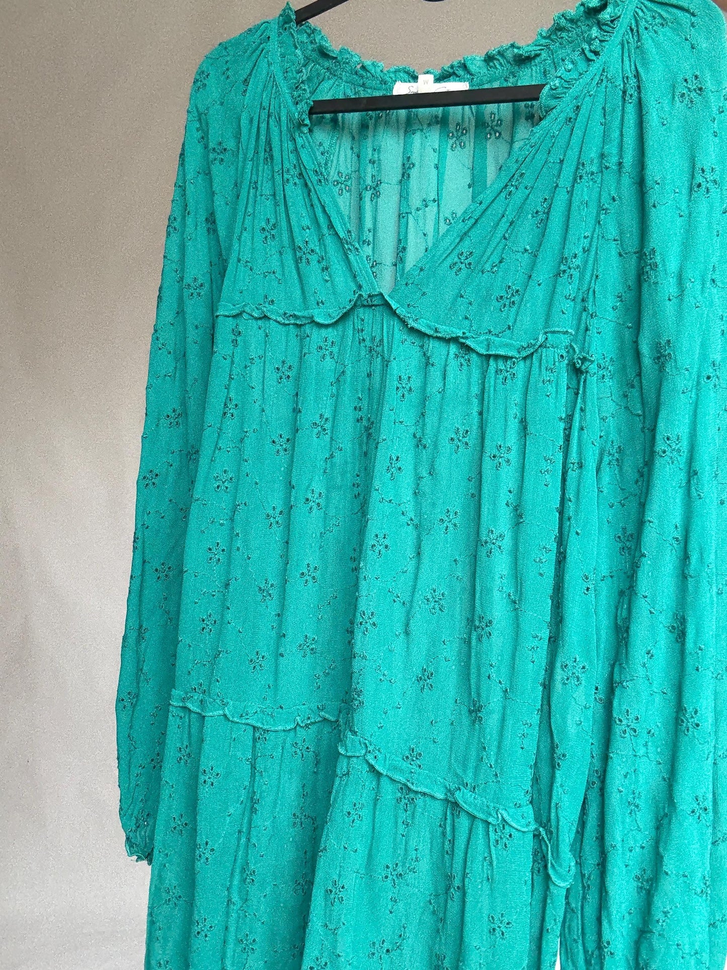 Sheer green mini dress by Southern Cotton – romantic boho summer style, soft flowy fit, perfect for layering or beachwear, size M