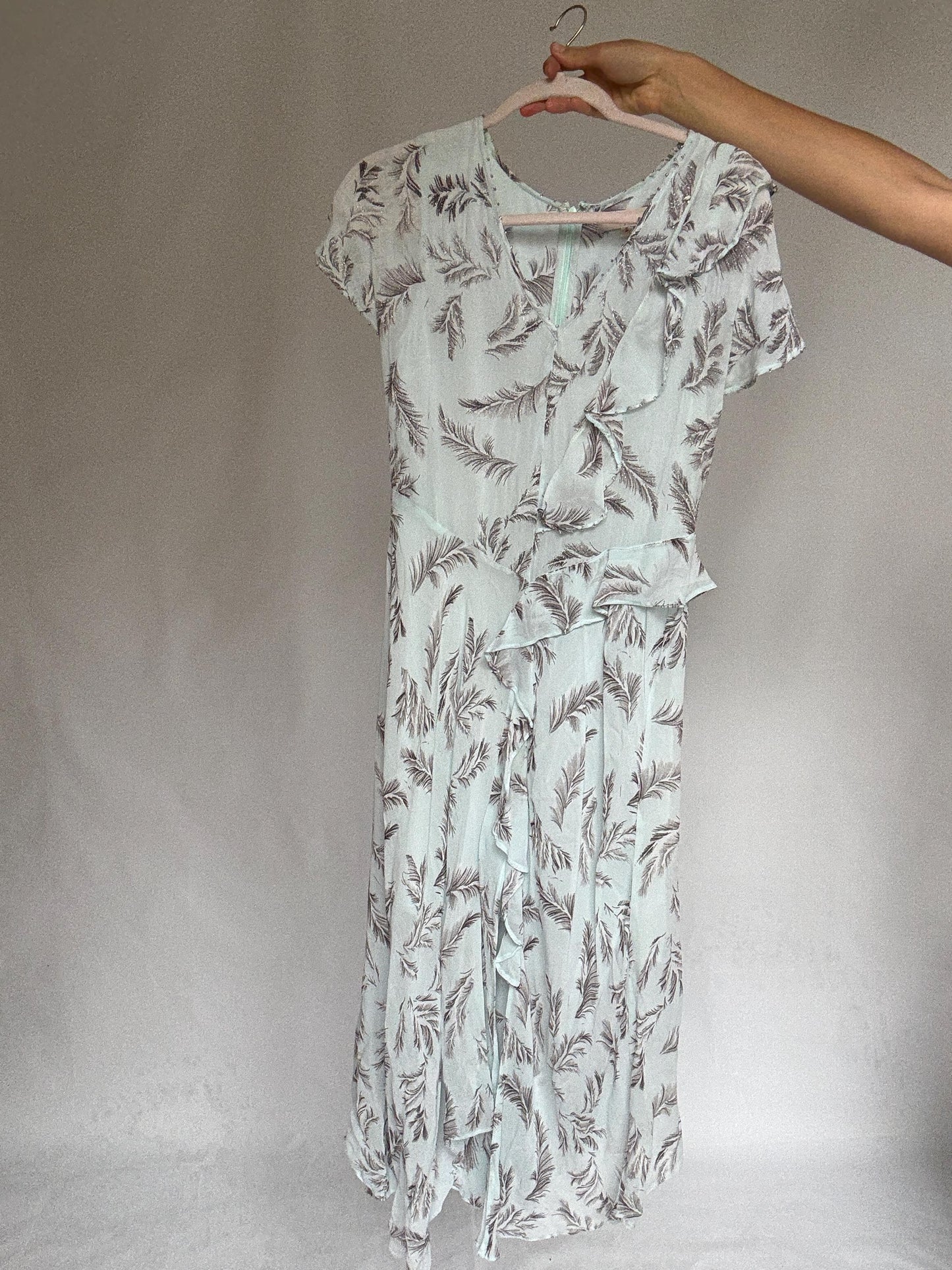 Maison Derhy light blue summer ruffle dress with slit – romantic maxi for wedding guest or dinner, viscose & cotton, size S