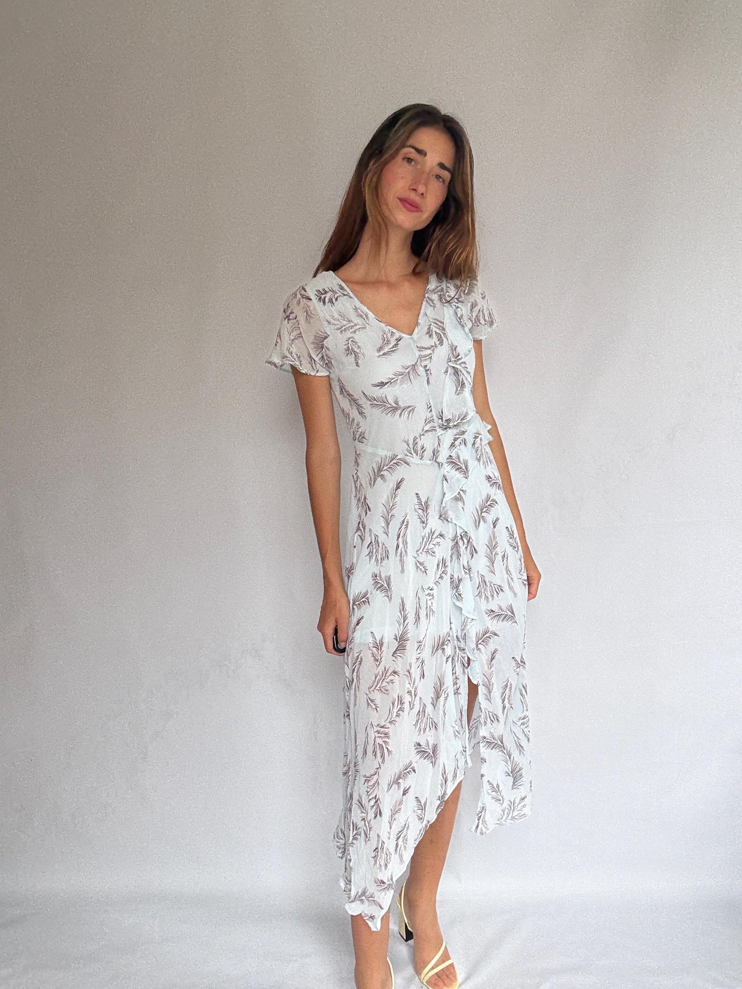 Maison Derhy light blue summer ruffle dress with slit – romantic maxi for wedding guest or dinner, viscose & cotton, size S