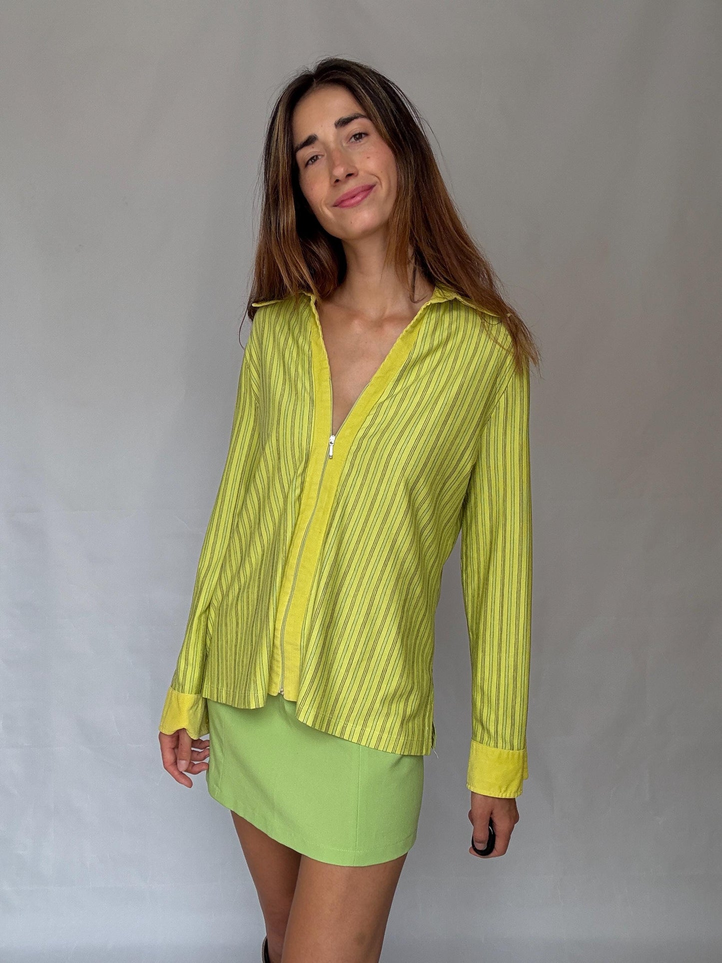 Y2K Lime Zip Shirt | Vintage Green Striped Zip-Up Blouse | 2000s Paris Hilton Meets Indie Sleaze Energy